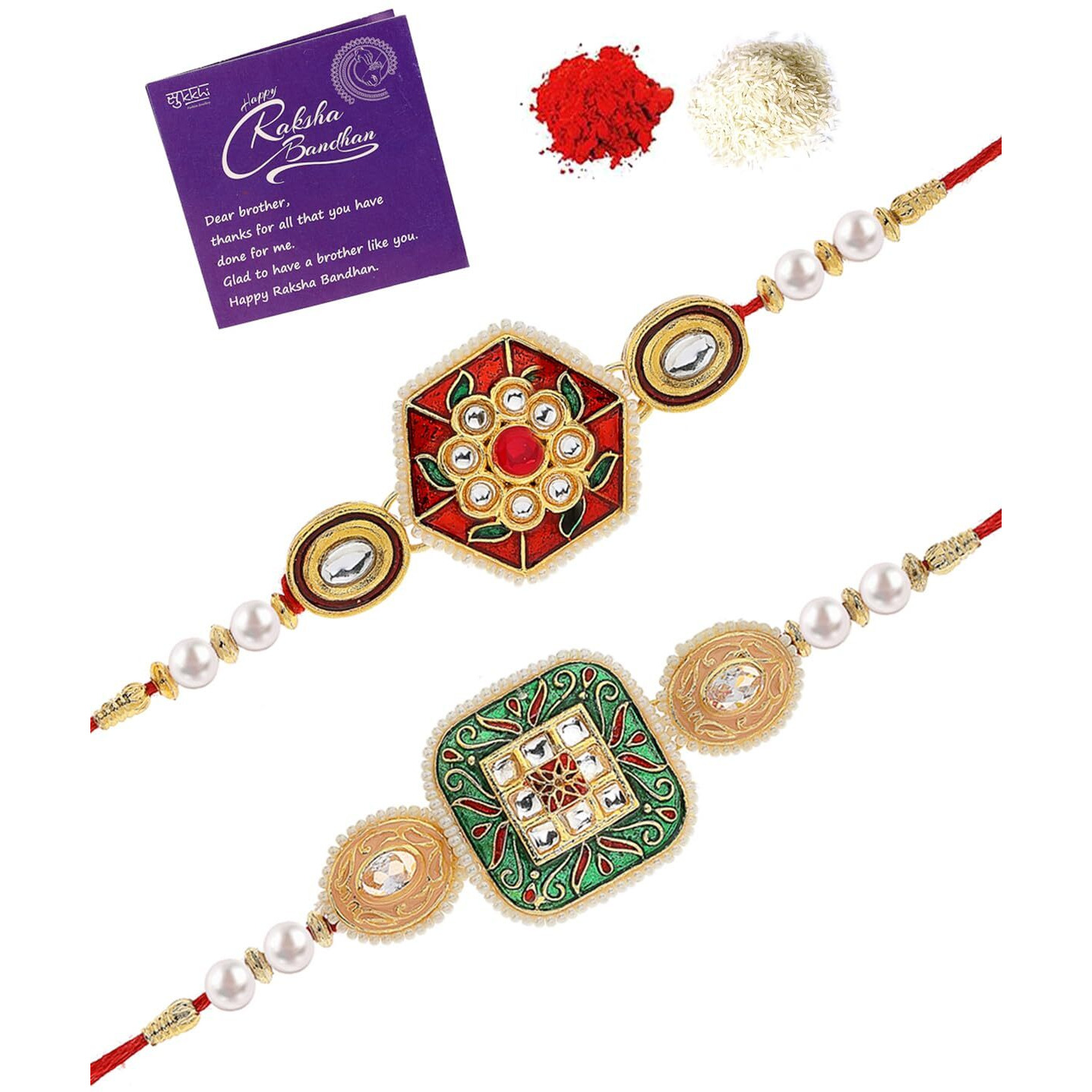 Sukkhi Rakhi Fashion-Forward Kundan & Pearl Designer Meenakari Gold Plated Premium Rakhi For Brother With Roli Chawal & Greeting Card|Rakhi For Brother/Bhaiya/Bhai/Men|Rakhi Combo-Set Of 2|Cbrak106966