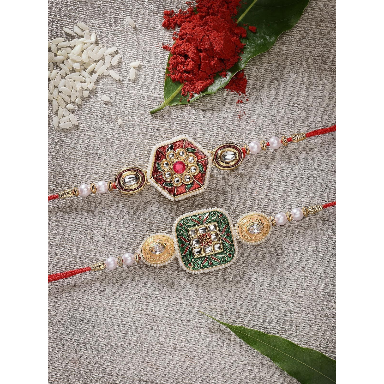 Sukkhi Rakhi Fashion-Forward Kundan & Pearl Designer Meenakari Gold Plated Premium Rakhi For Brother With Roli Chawal & Greeting Card|Rakhi For Brother/Bhaiya/Bhai/Men|Rakhi Combo-Set Of 2|Cbrak106966
