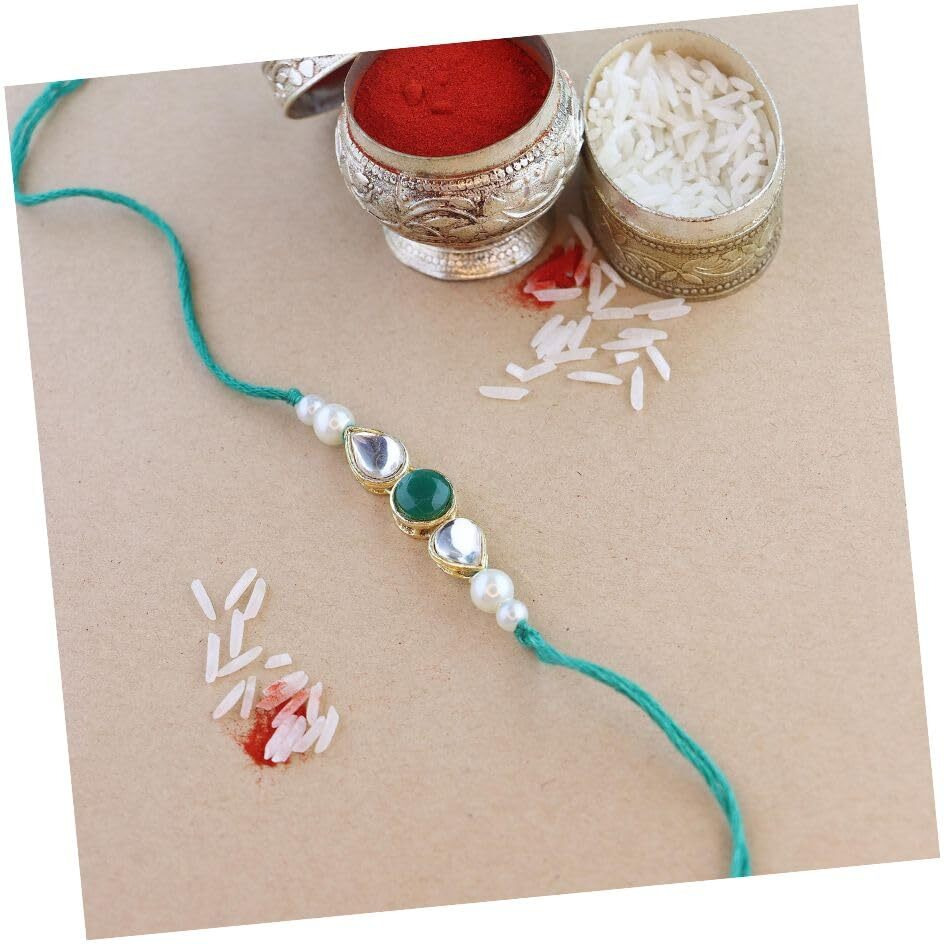 I Jewels Mens Pearl & Kundan Bhaiya Rakhi With Roli Chawal & Rakshabandhan Card For Brother/Bro/Bhai (R099G)