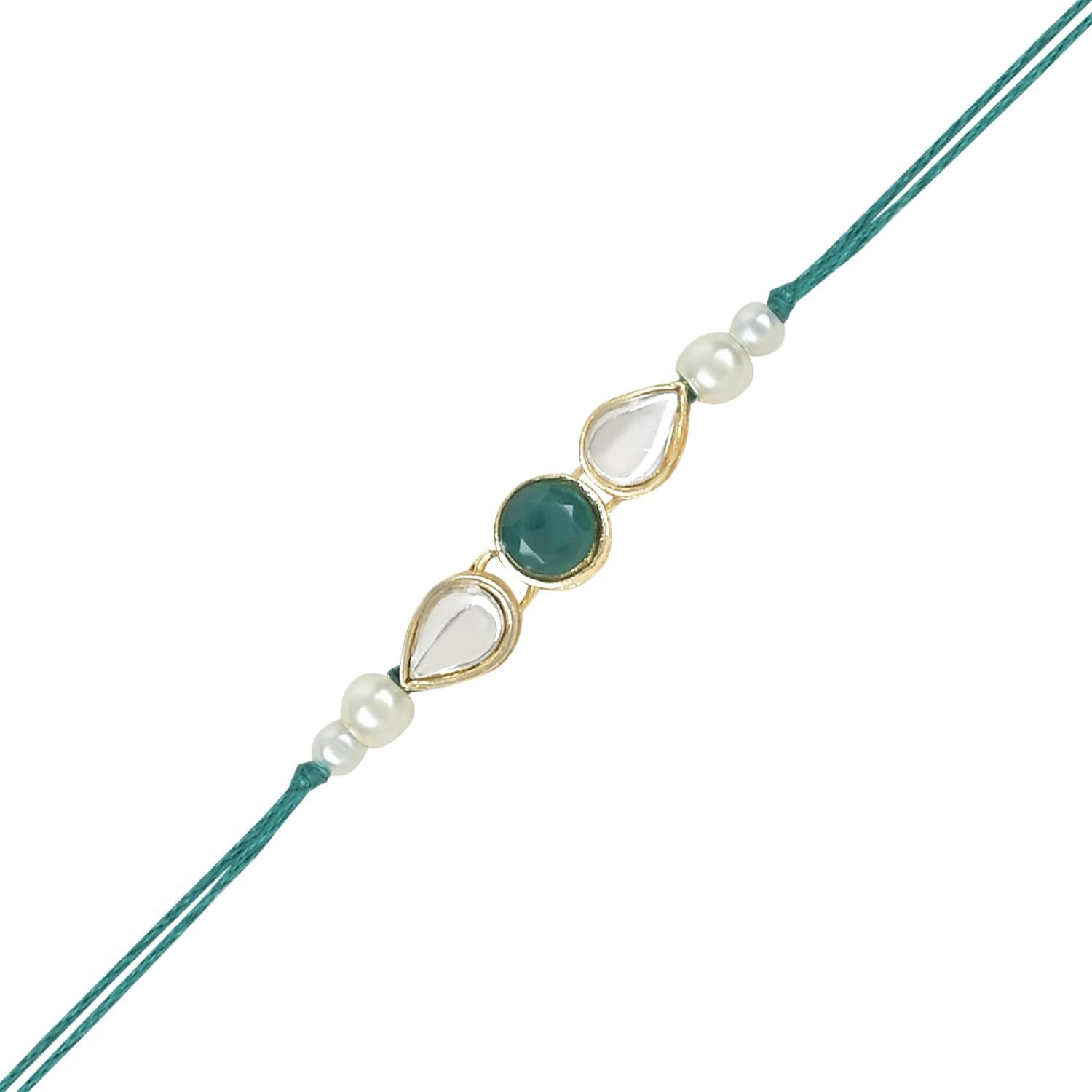 I Jewels Mens Pearl & Kundan Bhaiya Rakhi With Roli Chawal & Rakshabandhan Card For Brother/Bro/Bhai (R099G)