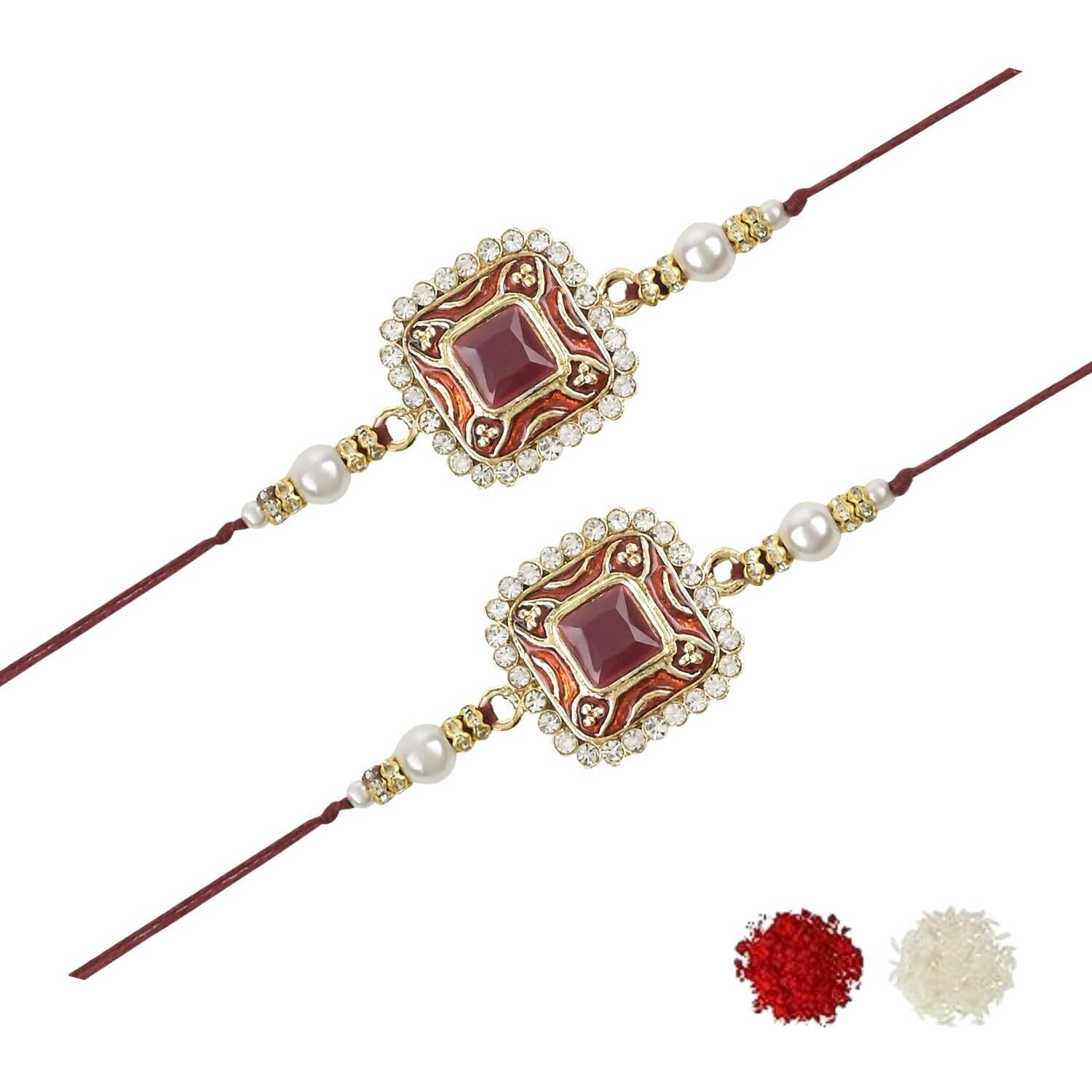 I Jewels Mens Pearl & Kundan Designer Bhaiya Rakhi With Roli Chawal & Rakshabandhan Card For Bro/Brother/Bhai (Pack Of 2) (Style 8)