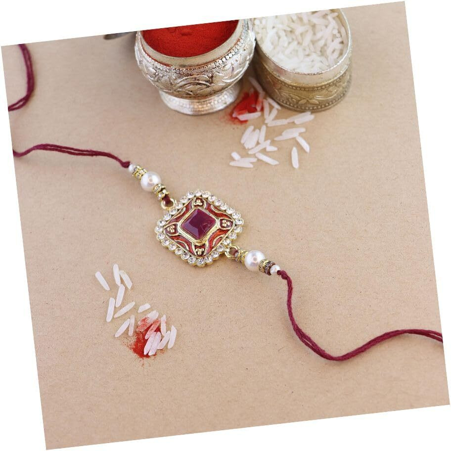I Jewels Mens Pearl & Kundan Designer Bhaiya Rakhi With Roli Chawal & Rakshabandhan Card For Bro/Brother/Bhai (Pack Of 2) (Style 8)