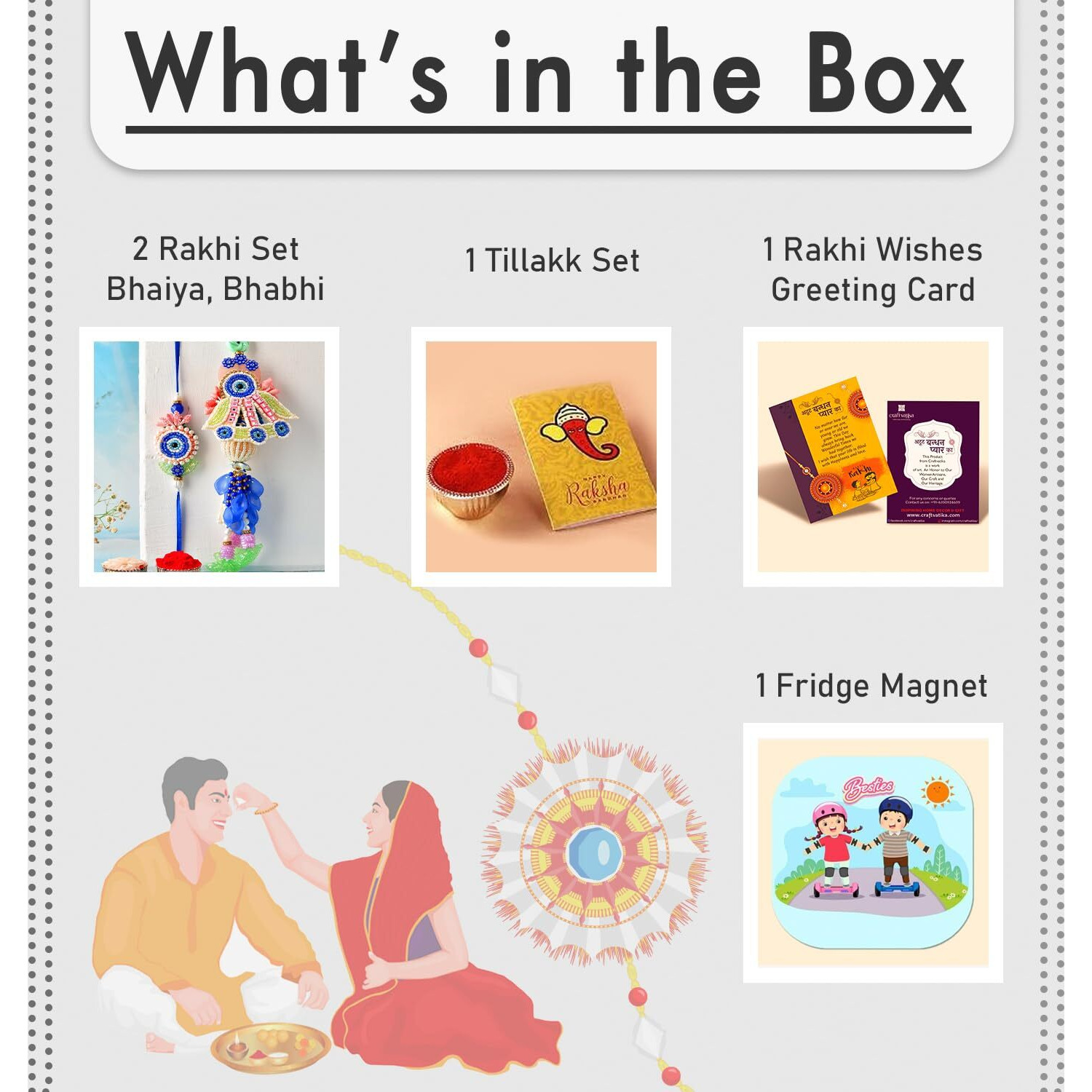 Craftvatika Premium Evil Eye Rakhi Set For Brother Bhabhi | Designer Rakhi Set For Bhaiya Bhabhi Evil Eye Lumba Couple Pair With Fridge Magnet Gift, Rakshabandhan Greeting Card, Tilak Set, Home Decor