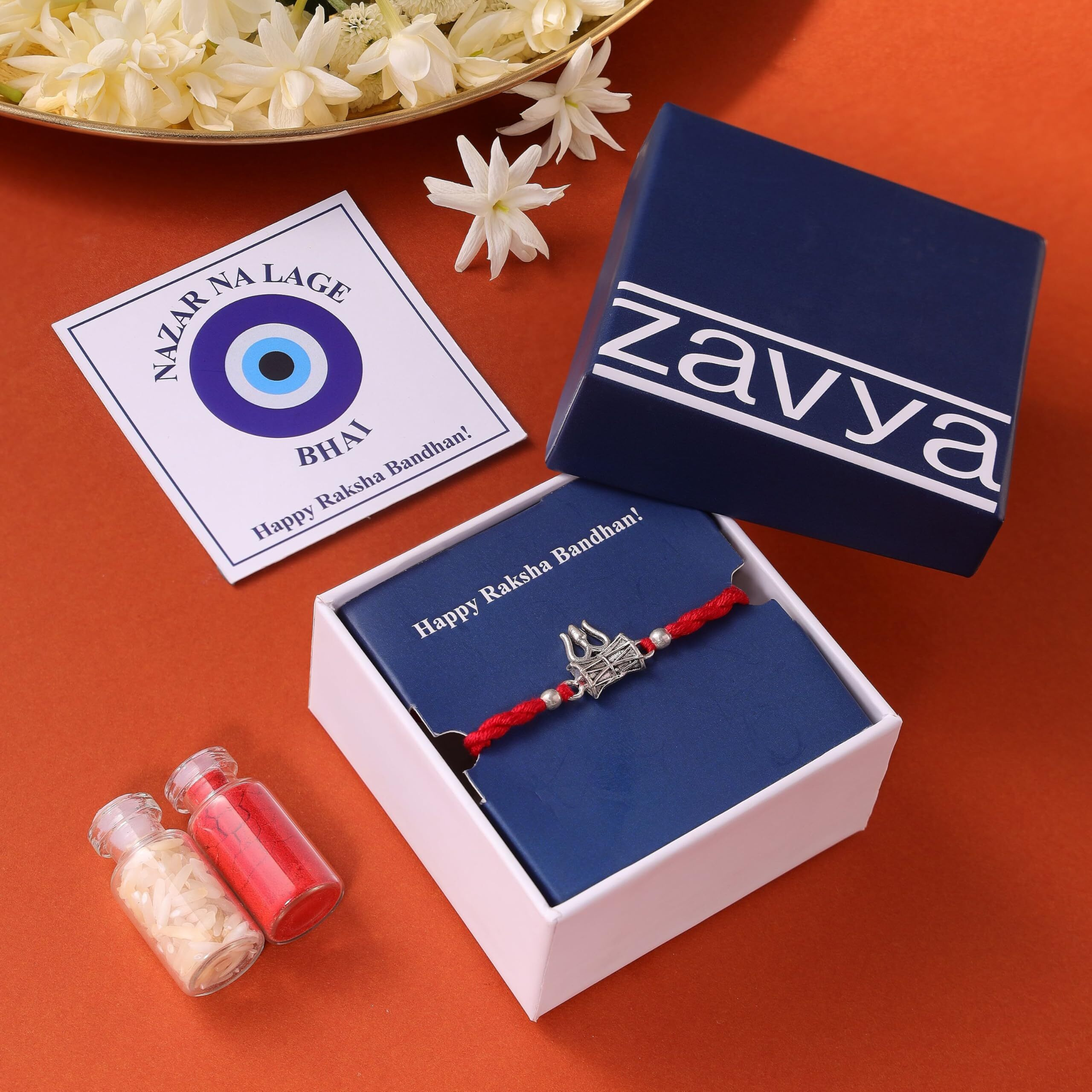 Zavya 925 Sterling Silver Lord Shiva Trishul Coloured Stones Rhodium Plating Silver Rakhi | Rakhi For Brother- Rakshabandhan | Gift For Men & Boys |1 Year Plating Warranty | Gift For Brother
