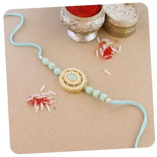 I Jewels Mens Rakshabandhan Designer Handcrafted Pearl & Kundan Bhaiya Rakhi With Roli Chawal & Rakshabandhan Card For Brother/Bro/Bhai (R096Min)