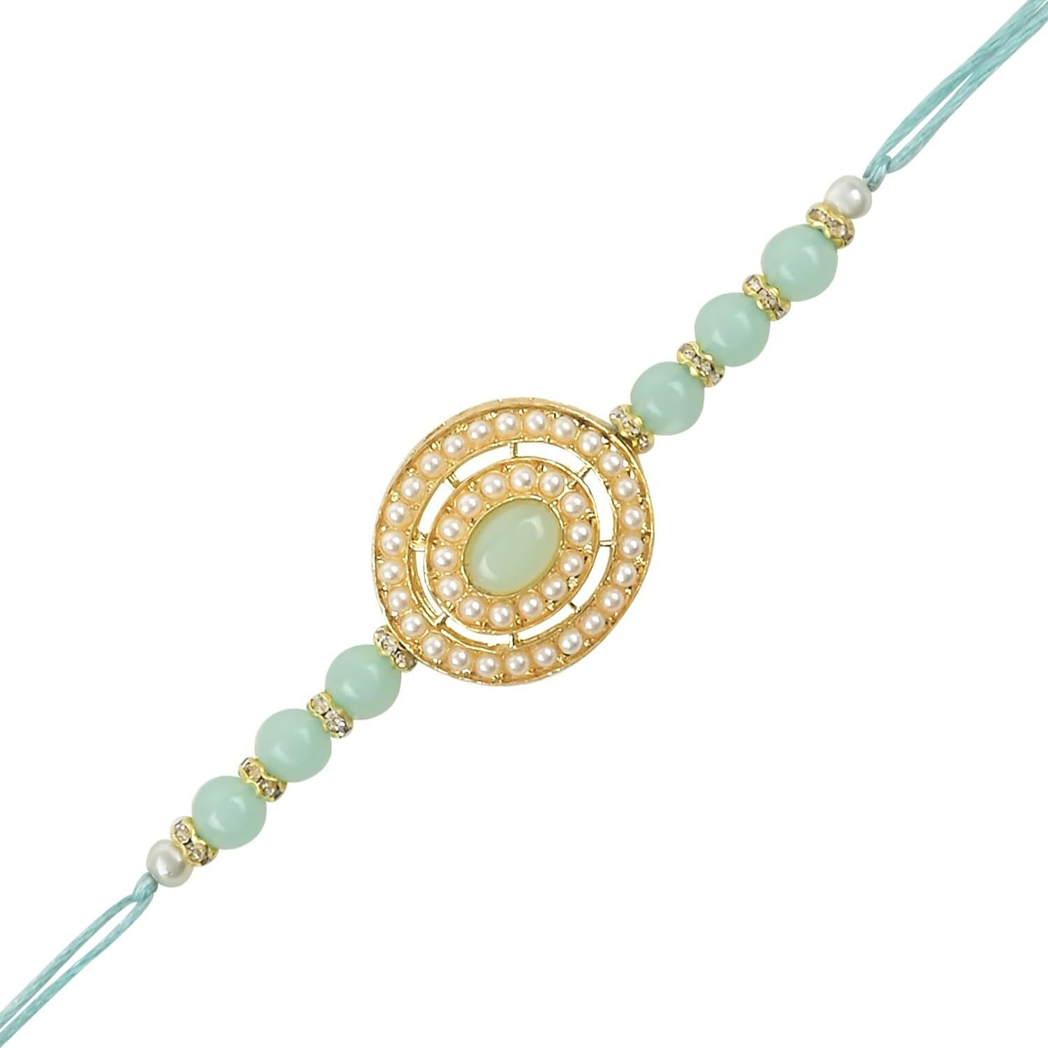I Jewels Mens Rakshabandhan Designer Handcrafted Pearl & Kundan Bhaiya Rakhi With Roli Chawal & Rakshabandhan Card For Brother/Bro/Bhai (R096Min)