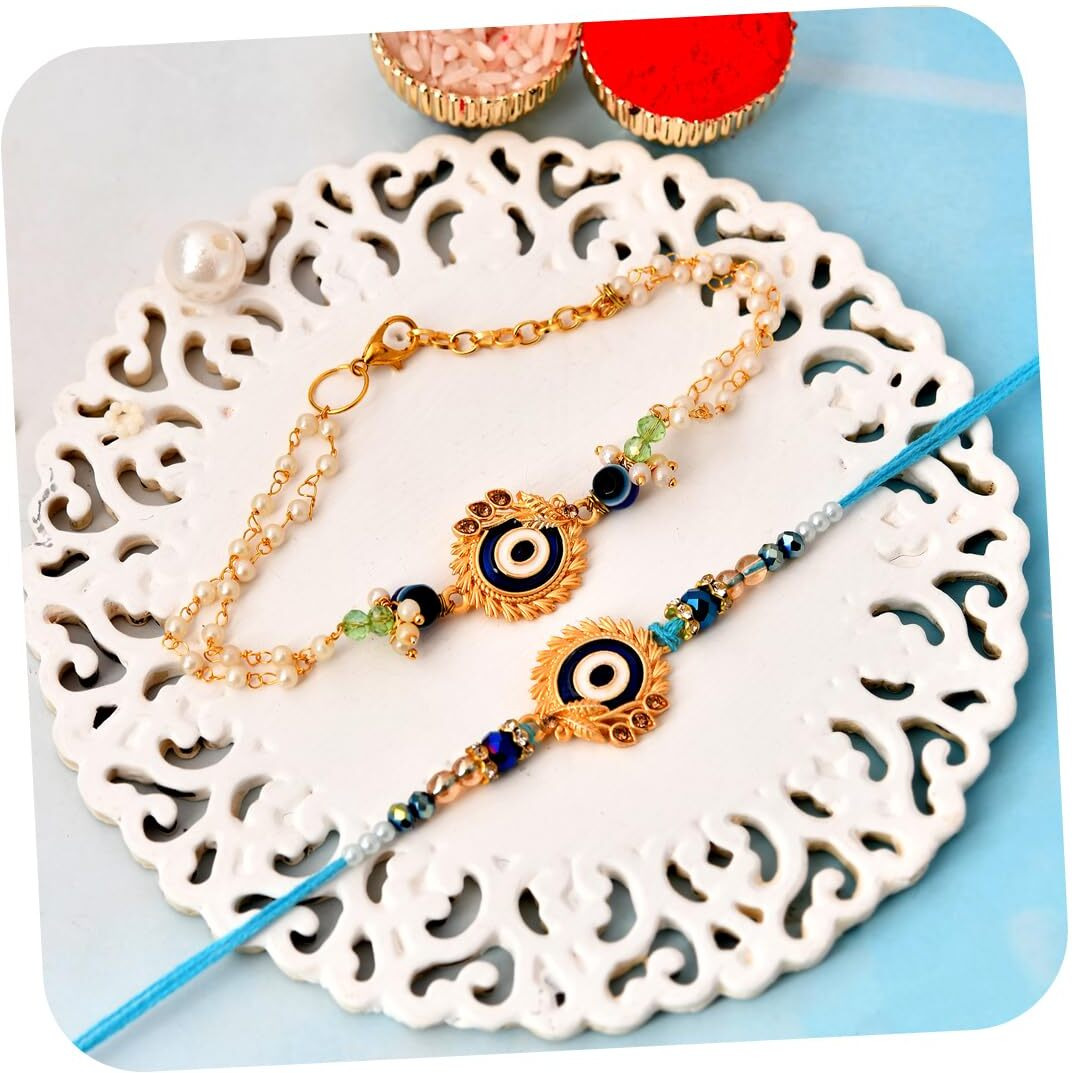 Craftvatika Evil Eye Rakhi Set For Brother And Bhabhi, Bhaiya Bhabhi Rakhi Set Of 2, Designer Bracelet For Bhabhi, Rakhis For Rakshabandhan, Evil Eye Bracelet For Sister In Laws, Rakshasutra For Men Women