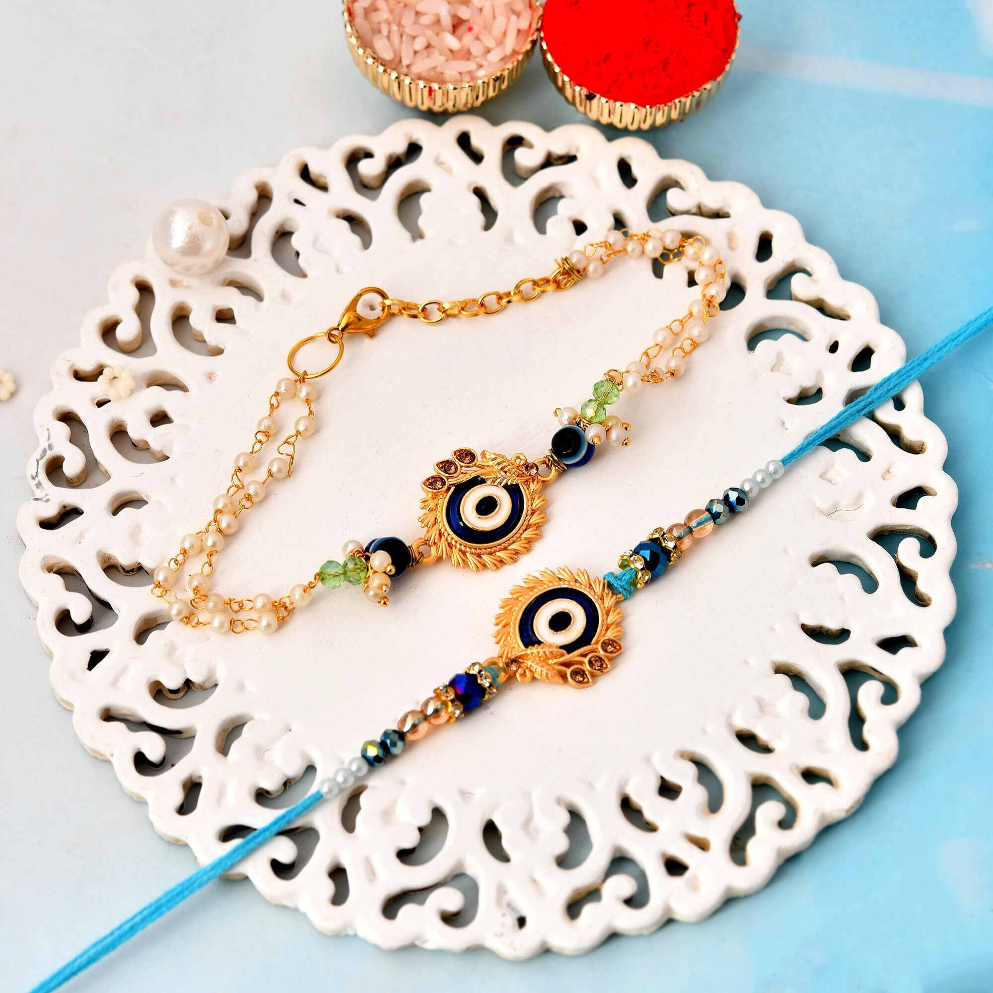 Craftvatika Evil Eye Rakhi Set For Brother And Bhabhi, Bhaiya Bhabhi Rakhi Set Of 2, Designer Bracelet For Bhabhi, Rakhis For Rakshabandhan, Evil Eye Bracelet For Sister In Laws, Rakshasutra For Men Women