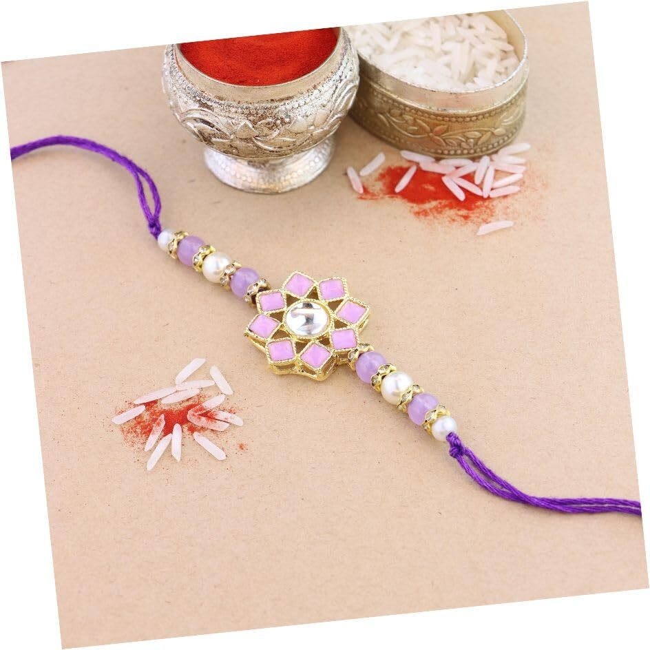 I Jewels Pearl & Kundan Designer Bhaiya Rakhi With Roli Chawal For Brother/Bro/Men With Rakshabandhan Card (R108G)