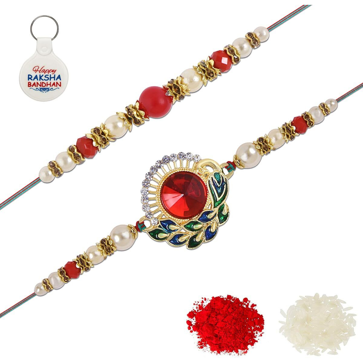 Riddhika Ventures Alluring Gold Plated Bhaiya, Bhabhi Rakhi Gifts (Set Of 2) For Brother, Sister, Bhaiya, Bhabhi With Roli Chawal, Greeting Card And And One Motivational Keychain (K12P22K)