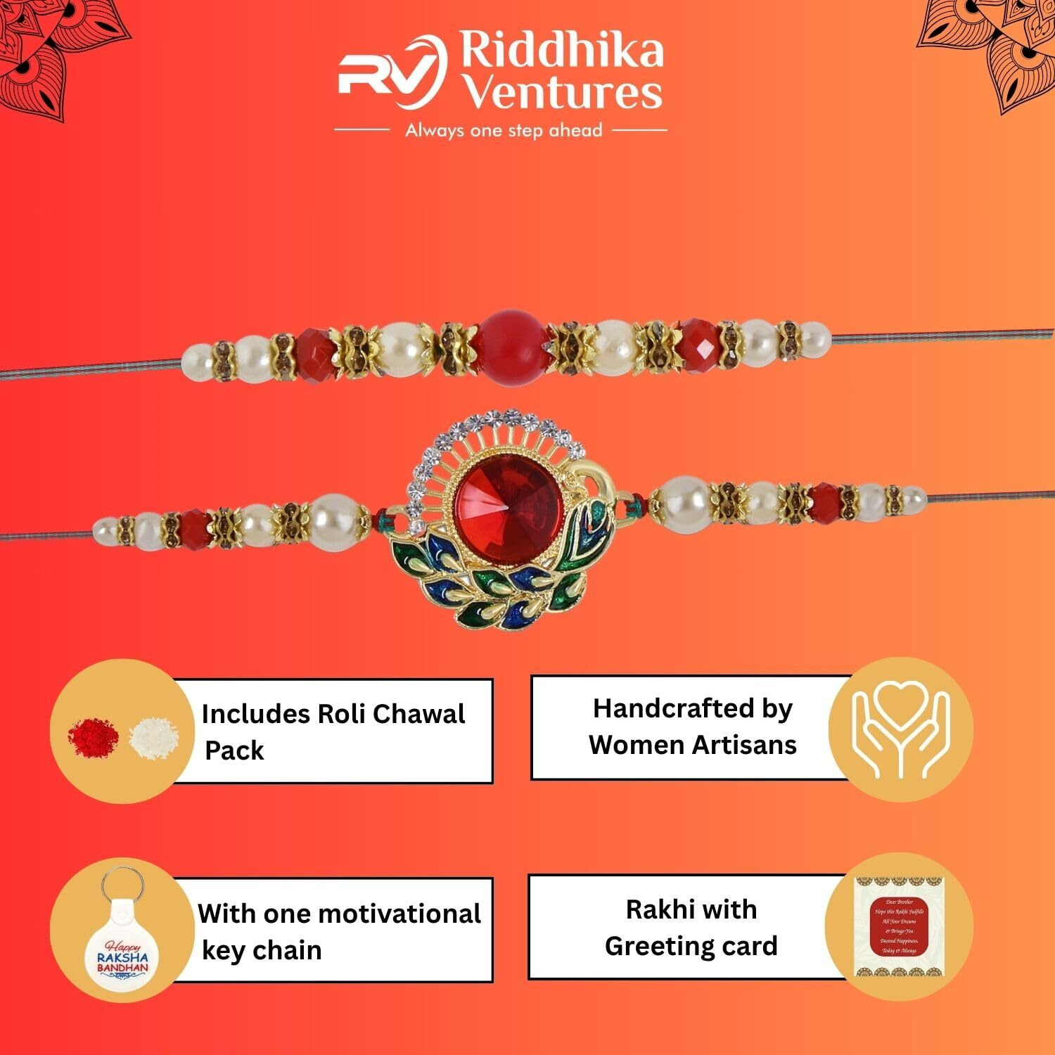 Riddhika Ventures Alluring Gold Plated Bhaiya, Bhabhi Rakhi Gifts (Set Of 2) For Brother, Sister, Bhaiya, Bhabhi With Roli Chawal, Greeting Card And And One Motivational Keychain (K12P22K)