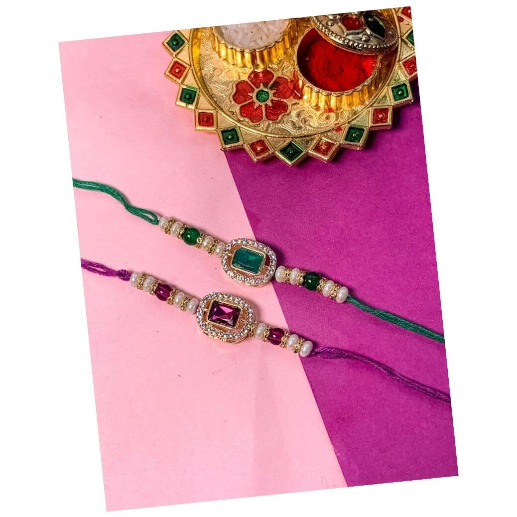 I Jewels Kundan & Pearl Combo Bhaiya Rakhi With Roli Chawal For Brother/Bro/Men With Rakshabandhan Greeting Card (R168Wi-G)(Set Of 2)