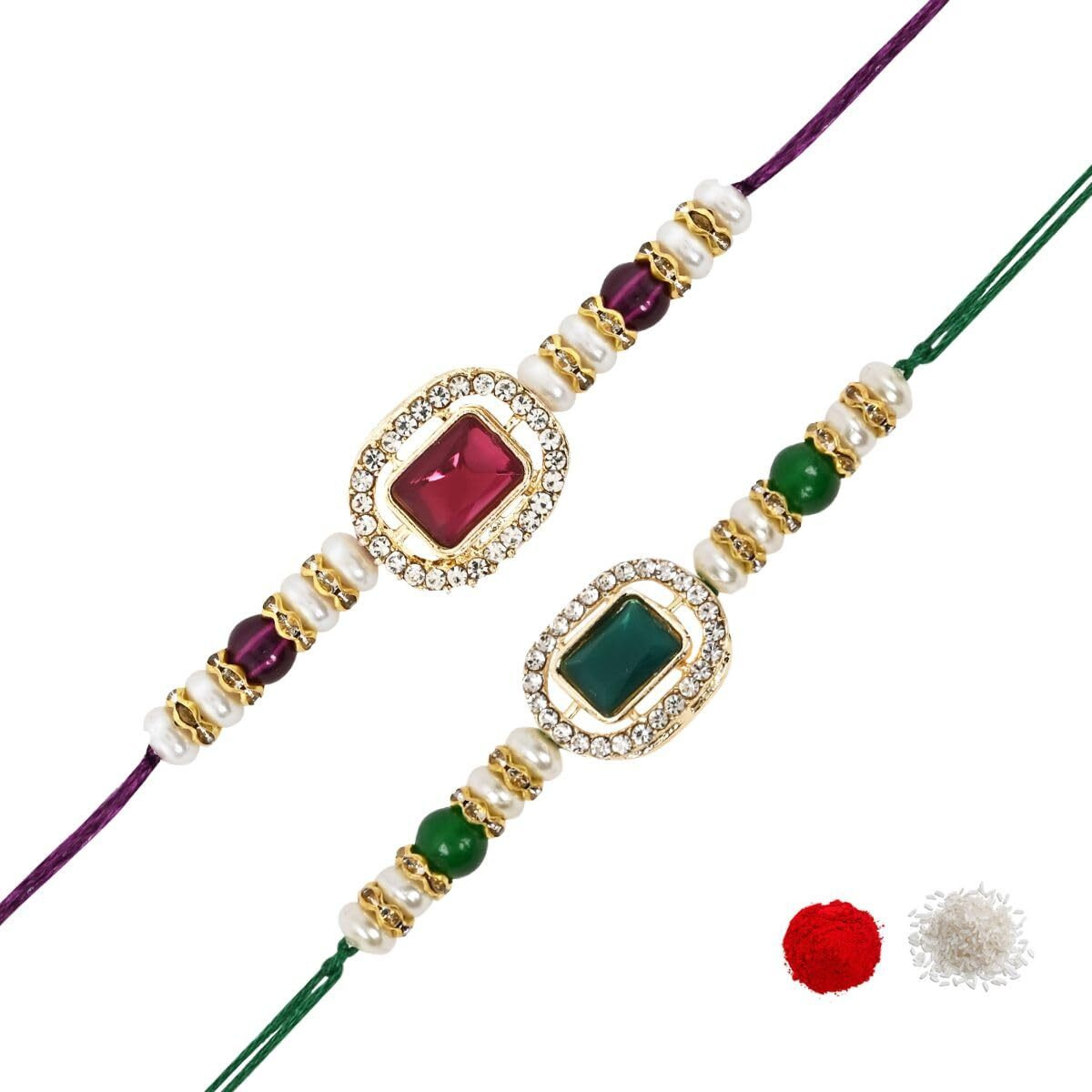 I Jewels Kundan & Pearl Combo Bhaiya Rakhi With Roli Chawal For Brother/Bro/Men With Rakshabandhan Greeting Card (R168Wi-G)(Set Of 2)