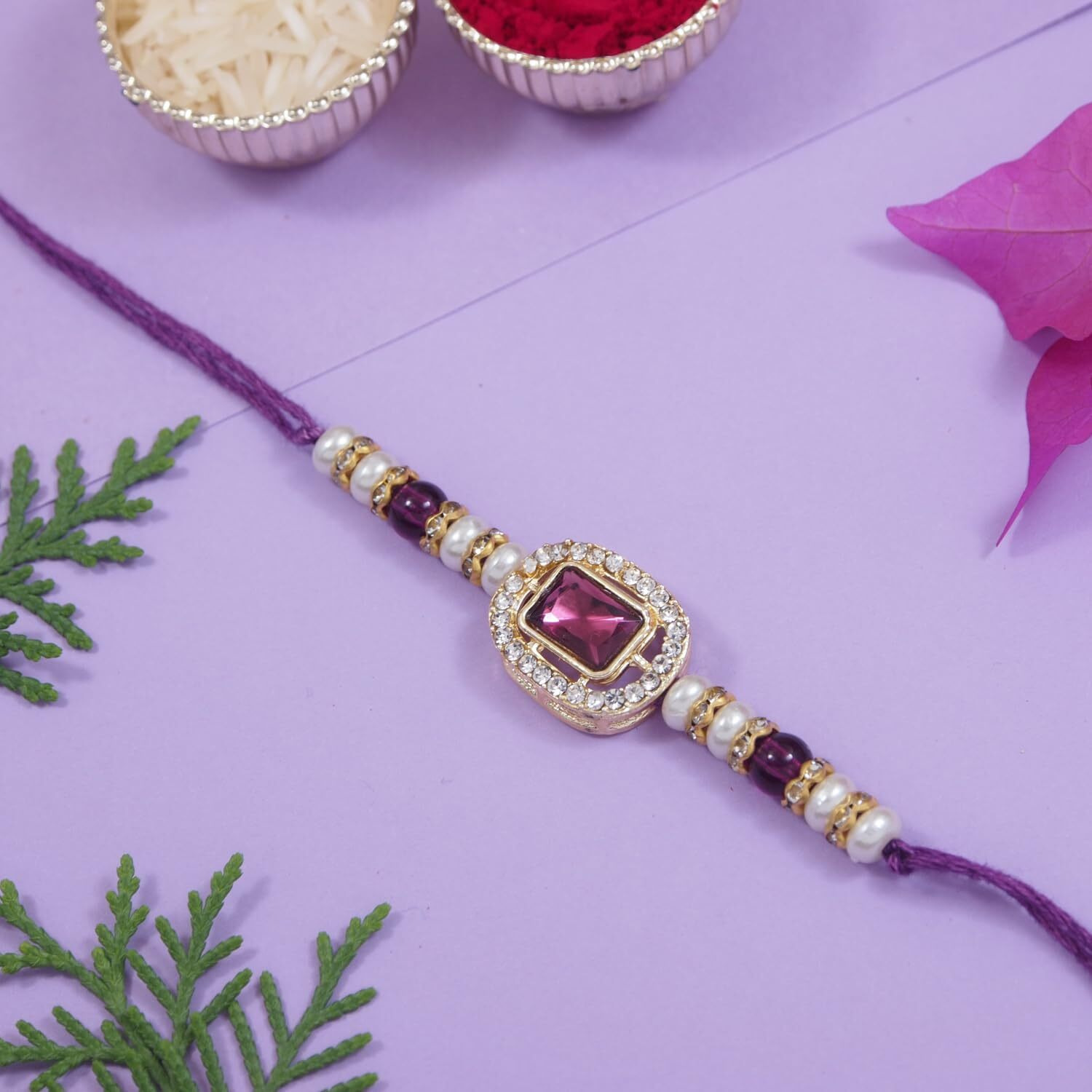I Jewels Kundan & Pearl Combo Bhaiya Rakhi With Roli Chawal For Brother/Bro/Men With Rakshabandhan Greeting Card (R168Wi-G)(Set Of 2)