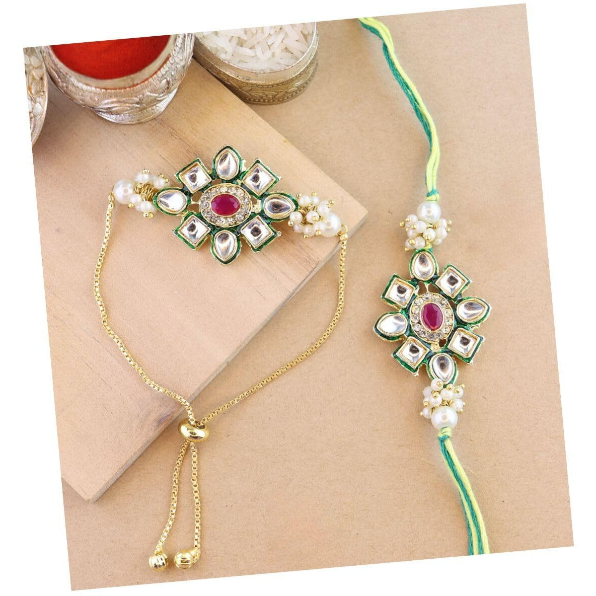 I Jewels Kundan & Pearl Bhaiya Bhabhi Lumba Rakhi Set With Roli Chawal & Rakshabandhan Card For Unisex Adult (R122G-Co)