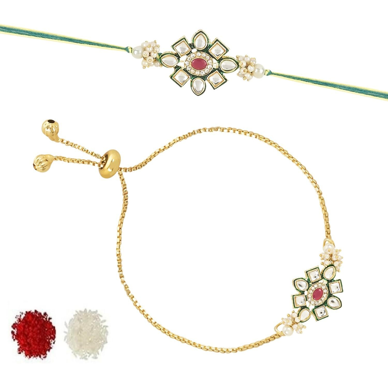 I Jewels Kundan & Pearl Bhaiya Bhabhi Lumba Rakhi Set With Roli Chawal & Rakshabandhan Card For Unisex Adult (R122G-Co)