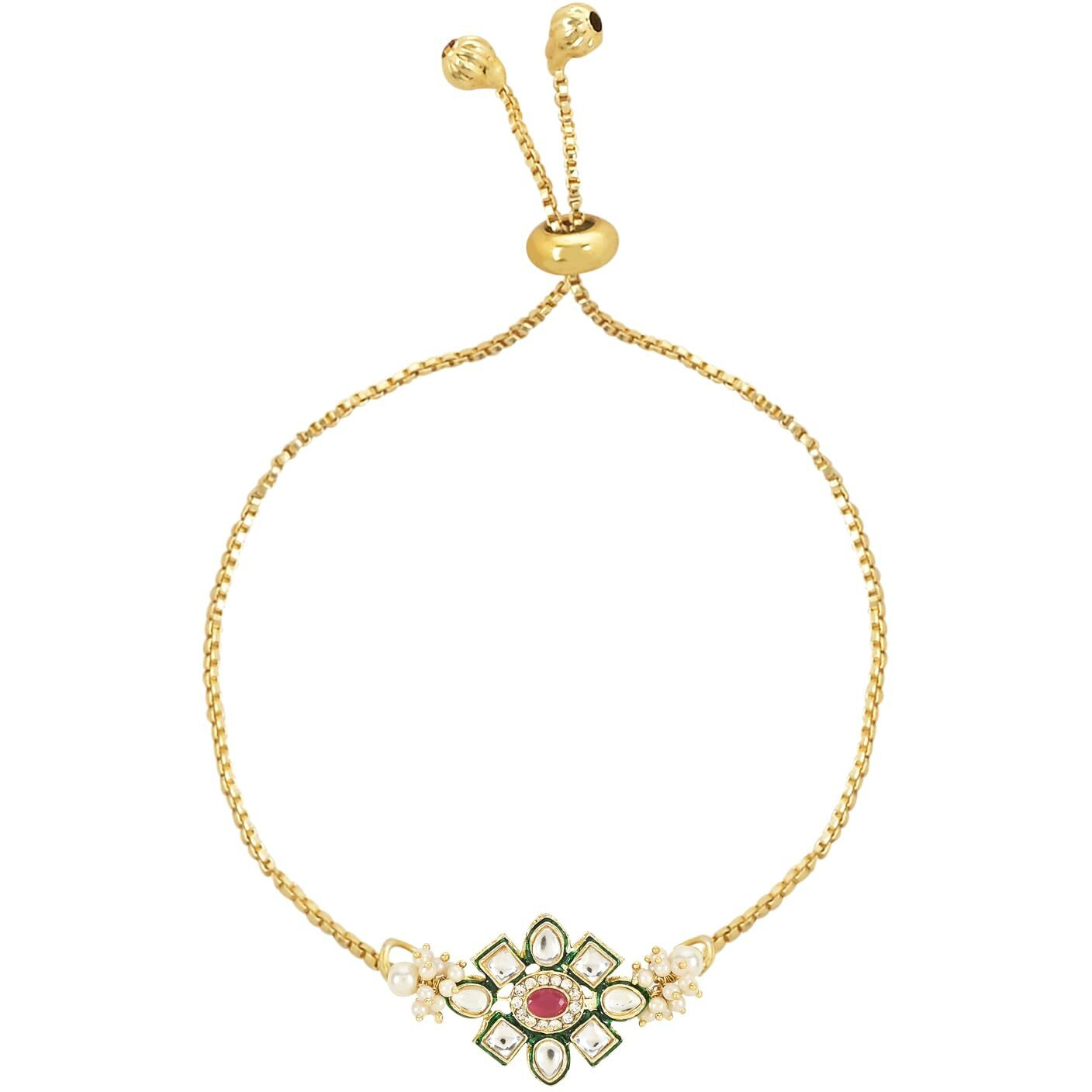 I Jewels Kundan & Pearl Bhaiya Bhabhi Lumba Rakhi Set With Roli Chawal & Rakshabandhan Card For Unisex Adult (R122G-Co)