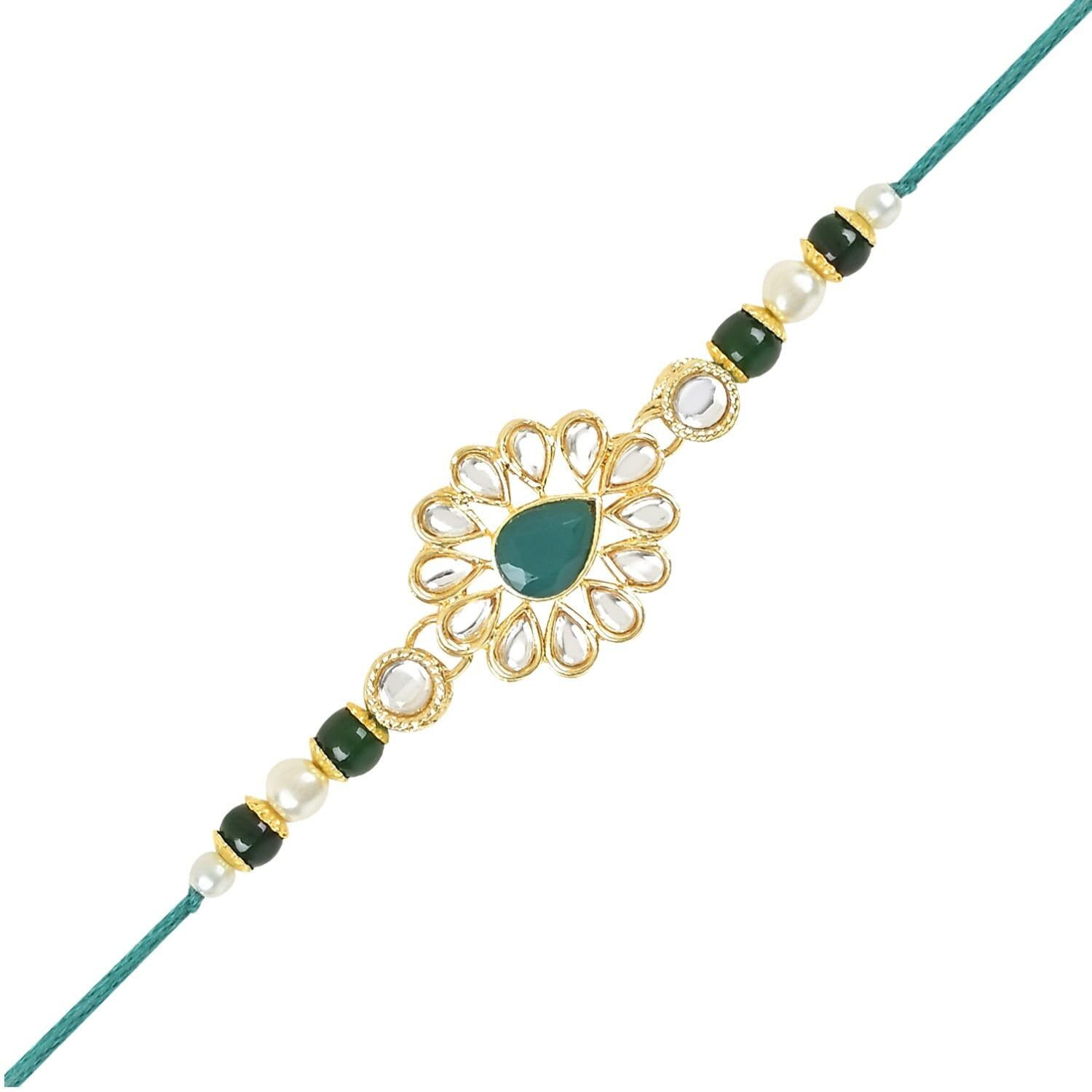 I Jewels Rakshabandhan Special Handcrafted Pearl & Kundan Bhaiya Rakhi With Roli Chawal For Brother/Bro/Men (R118G)