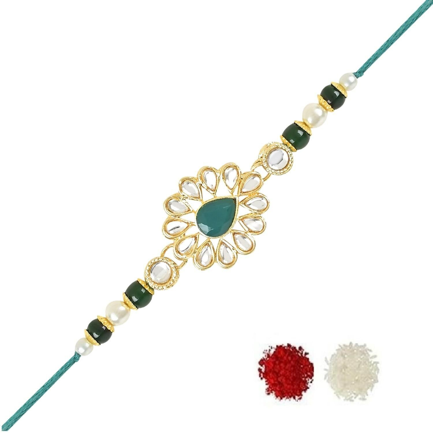 I Jewels Rakshabandhan Special Handcrafted Pearl & Kundan Bhaiya Rakhi With Roli Chawal For Brother/Bro/Men (R118G)