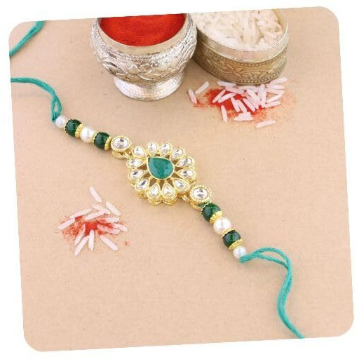 I Jewels Rakshabandhan Special Handcrafted Pearl & Kundan Bhaiya Rakhi With Roli Chawal For Brother/Bro/Men (R118G)