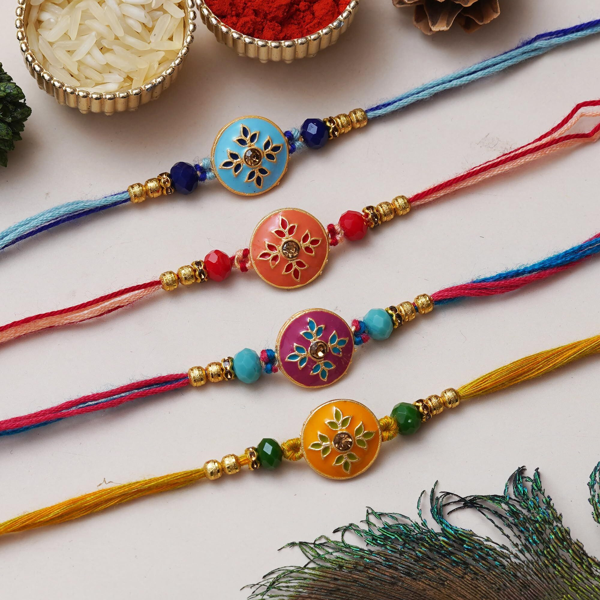 Ecraftindia Set Of 4 Multicolor Floral Designer Rakhis For Brother, Bhabhi, Kids With Roli Chawal Pack.