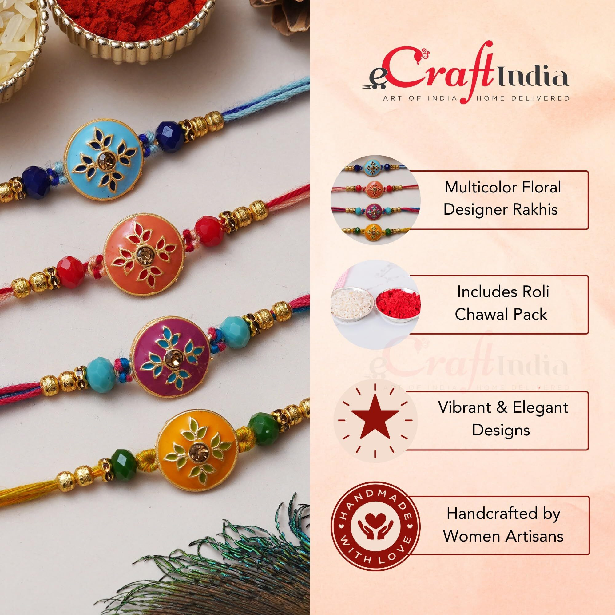 Ecraftindia Set Of 4 Multicolor Floral Designer Rakhis For Brother, Bhabhi, Kids With Roli Chawal Pack.