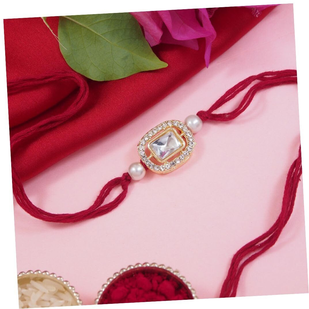 I Jewels Kundan & Pearl Bhaiya Rakhi With Roli Chawal & Rakshabandhan Card For Brother/Bro/Bhai/Men (R155) (Maroon)