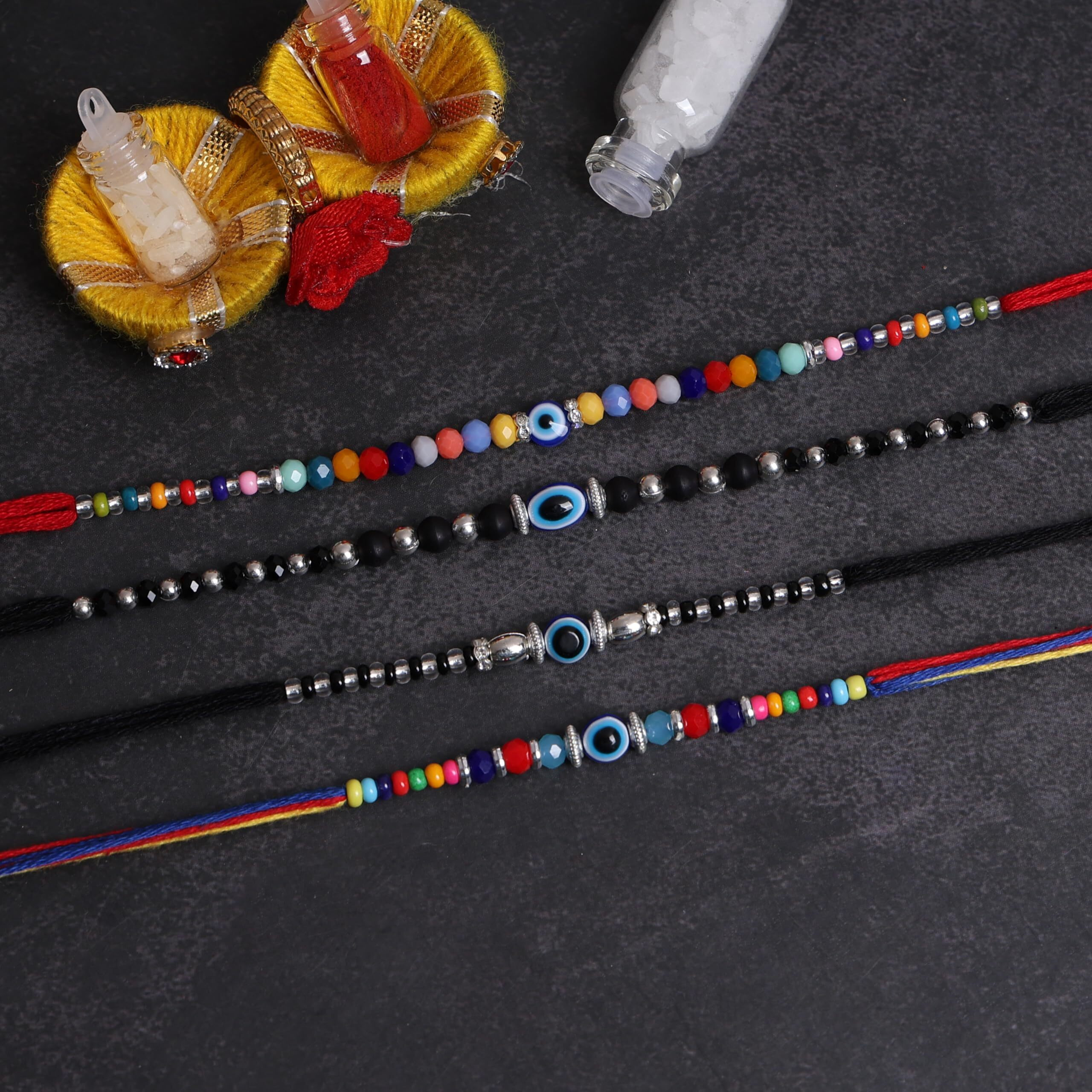 Fashion Frill Mens Designer Rakhis For Brother/Bhai/Bhabhi/Bhaiya Evil Eye Design Thread Rakhi For Brother Trendy Rakhi Rakshabandhan Special Rakhis Combo Of 4