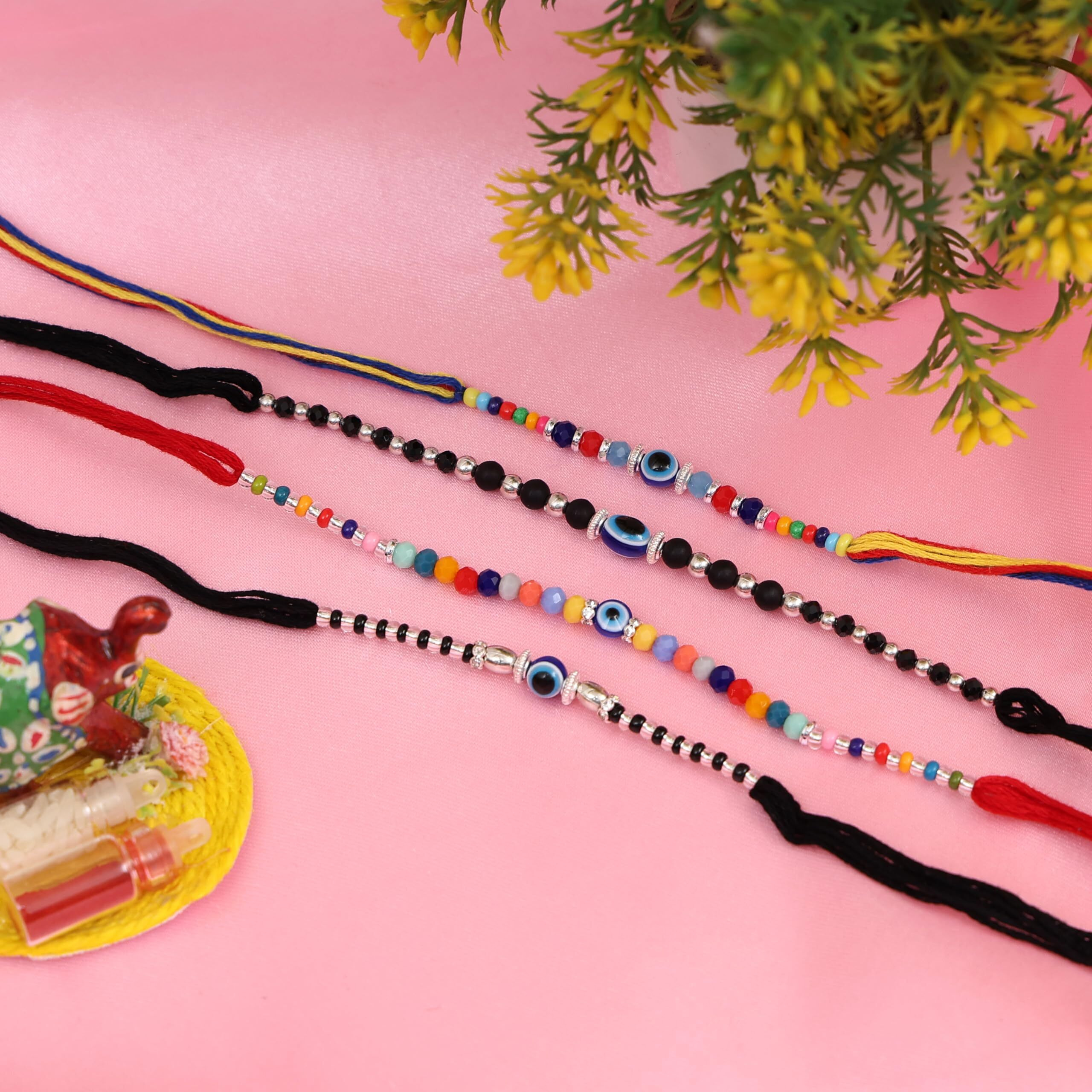 Fashion Frill Mens Designer Rakhis For Brother/Bhai/Bhabhi/Bhaiya Evil Eye Design Thread Rakhi For Brother Trendy Rakhi Rakshabandhan Special Rakhis Combo Of 4