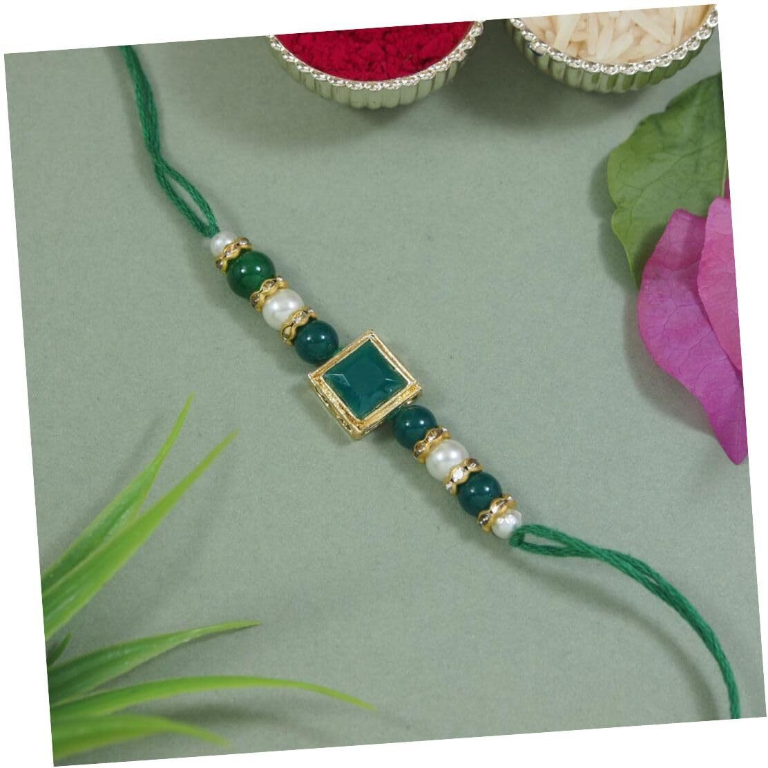 I Jewels Pearl Beads Bhaiya Rakhi With Roli Chawal & Rakshabandhan Card For Brother/Bro/Bhai/Men (R178G)