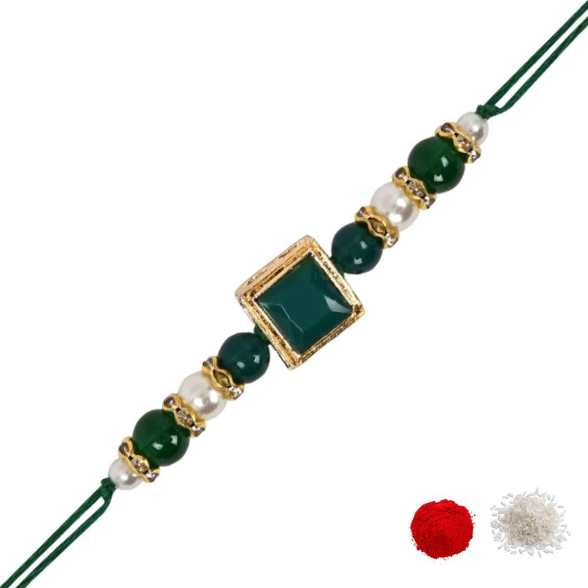 I Jewels Pearl Beads Bhaiya Rakhi With Roli Chawal & Rakshabandhan Card For Brother/Bro/Bhai/Men (R178G)