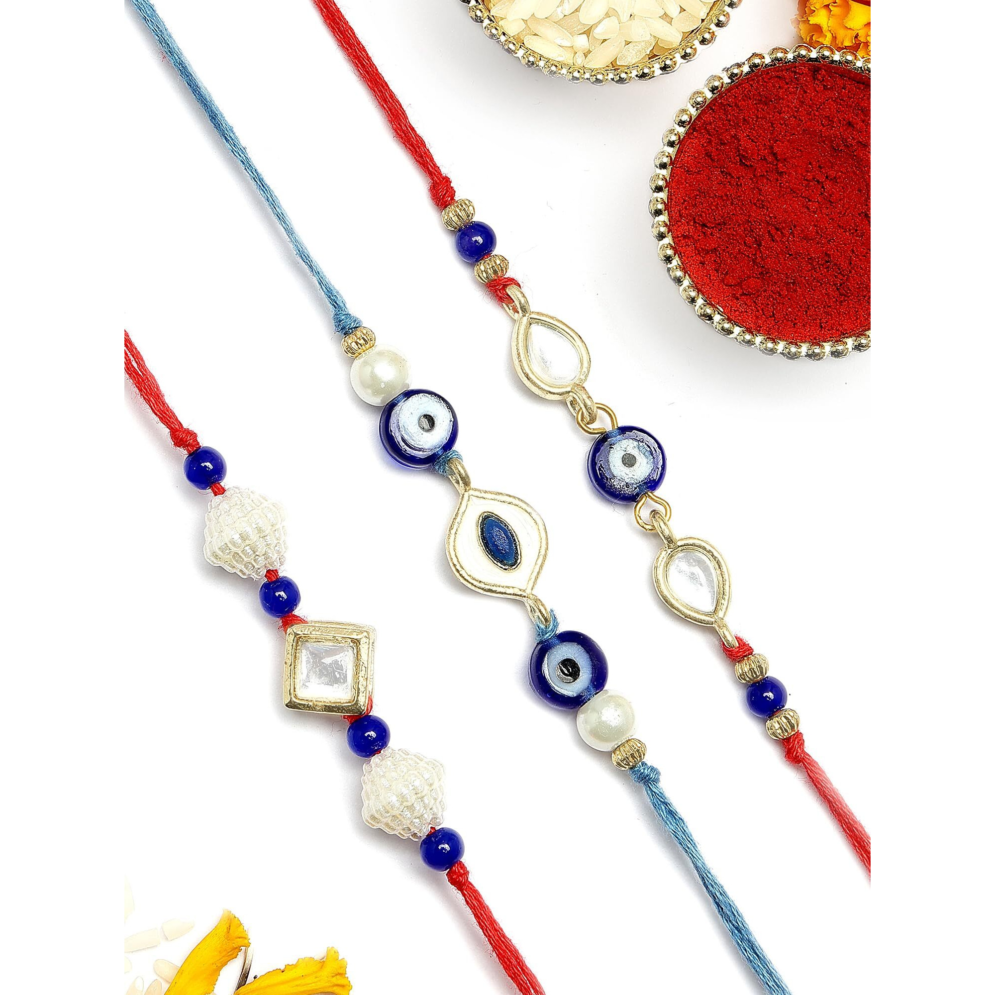 Karatcart Set Of 3 Handmade Meenakari Evil Eye Kundan Rakhis For Brother With Roli And Chawal