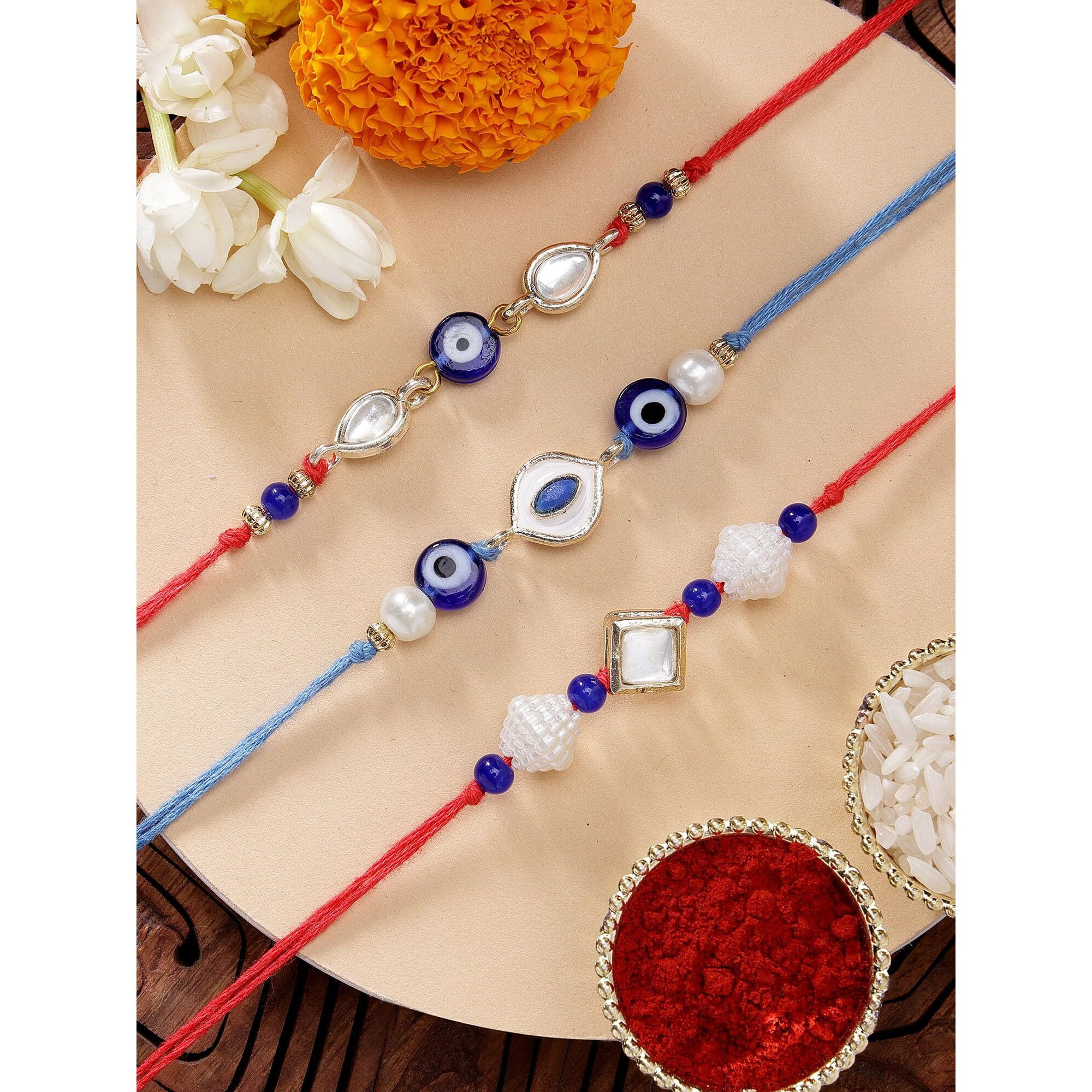 Karatcart Set Of 3 Handmade Meenakari Evil Eye Kundan Rakhis For Brother With Roli And Chawal