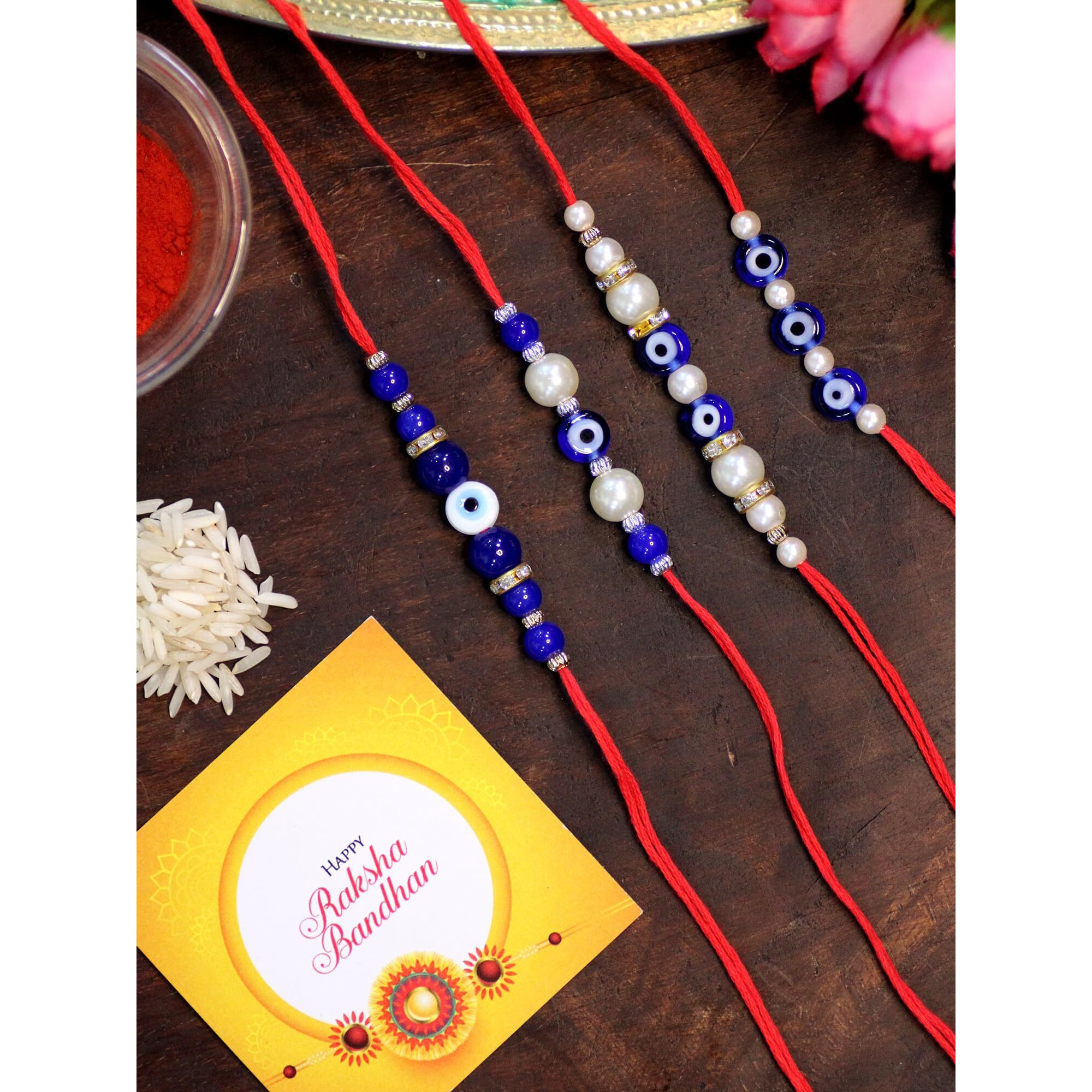 Karatcart Rakhi For Brother Set Of 4 Evil Eye Handmade Rakhi With Roli & Chawal(Kcrr150)