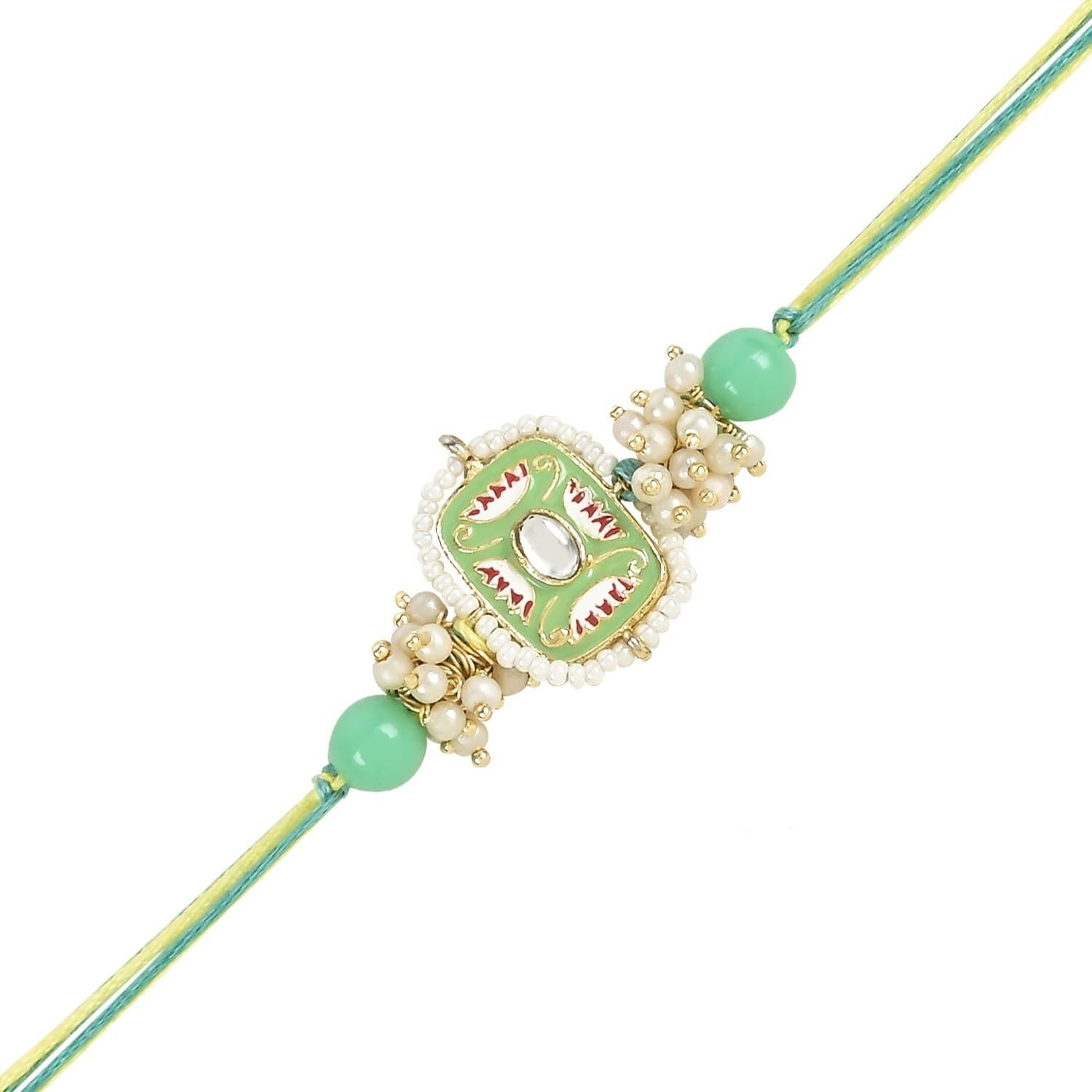 I Jewels Pearl & Meenakari Designer Bhaiya Rakhi With Roli Chawal For Brother/Bro/Men With Rakshabandhan Card (R106Min)