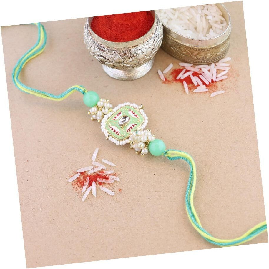 I Jewels Pearl & Meenakari Designer Bhaiya Rakhi With Roli Chawal For Brother/Bro/Men With Rakshabandhan Card (R106Min)