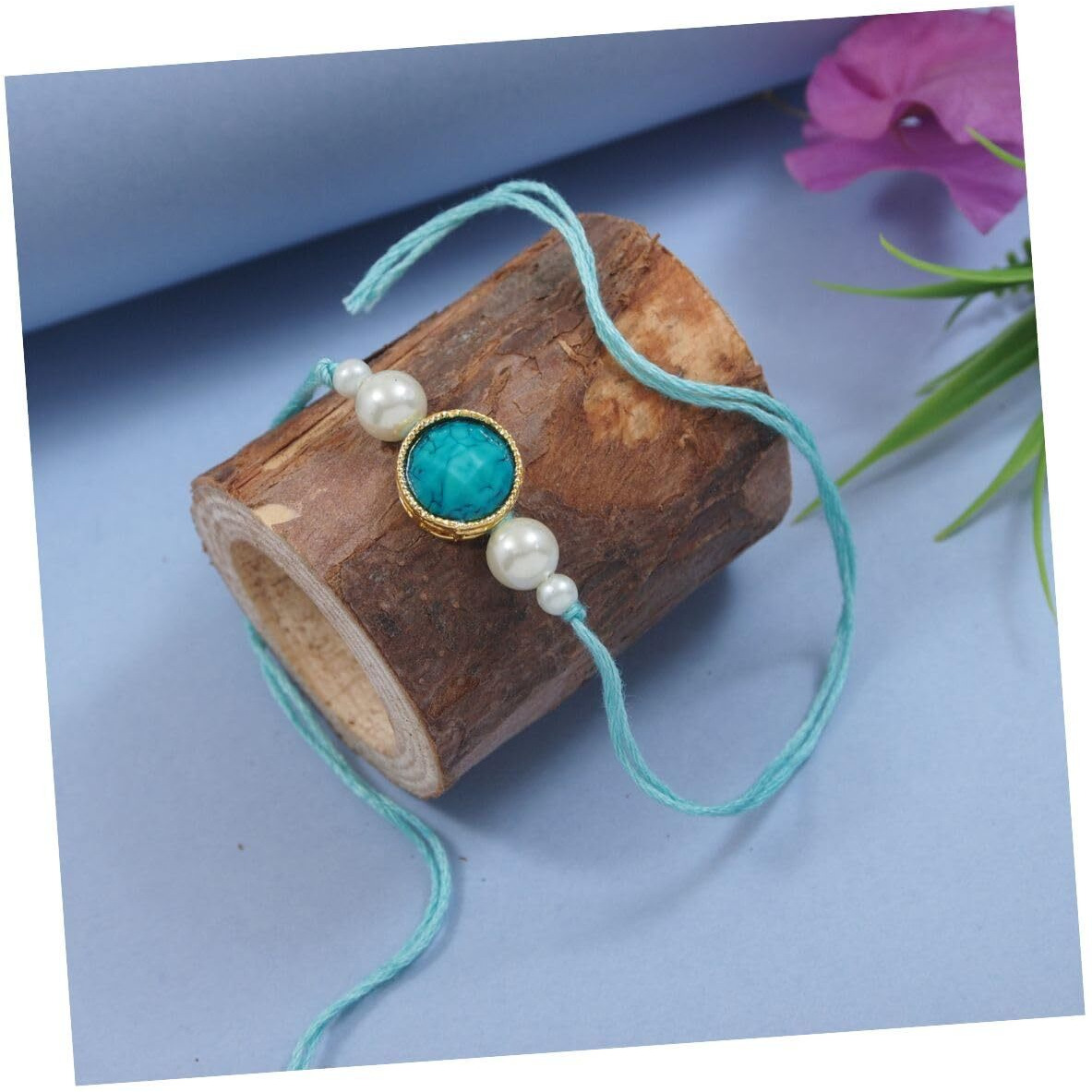 I Jewels Turquoise Marble Pearl Beads Bhaiya Rakhi With Roli Chawal & Rakshabandhan Card For Brother/Bro/Bhai/Men (R157Sb)