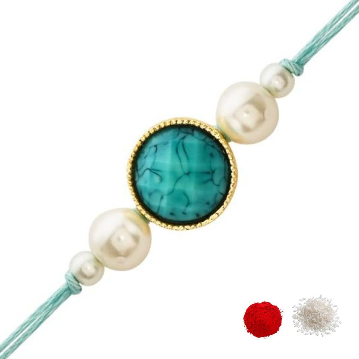 I Jewels Turquoise Marble Pearl Beads Bhaiya Rakhi With Roli Chawal & Rakshabandhan Card For Brother/Bro/Bhai/Men (R157Sb)