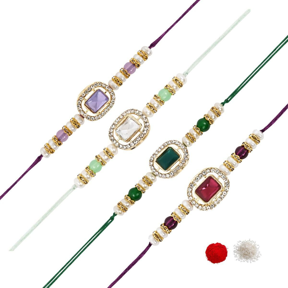 I Jewels Kundan & Pearl Combo Bhaiya Rakhi With Roli Chawal For Brother/Bro/Men With Rakshabandhan Greeting Card (R168Pu-Min-G-Wi)(Set Of 4)