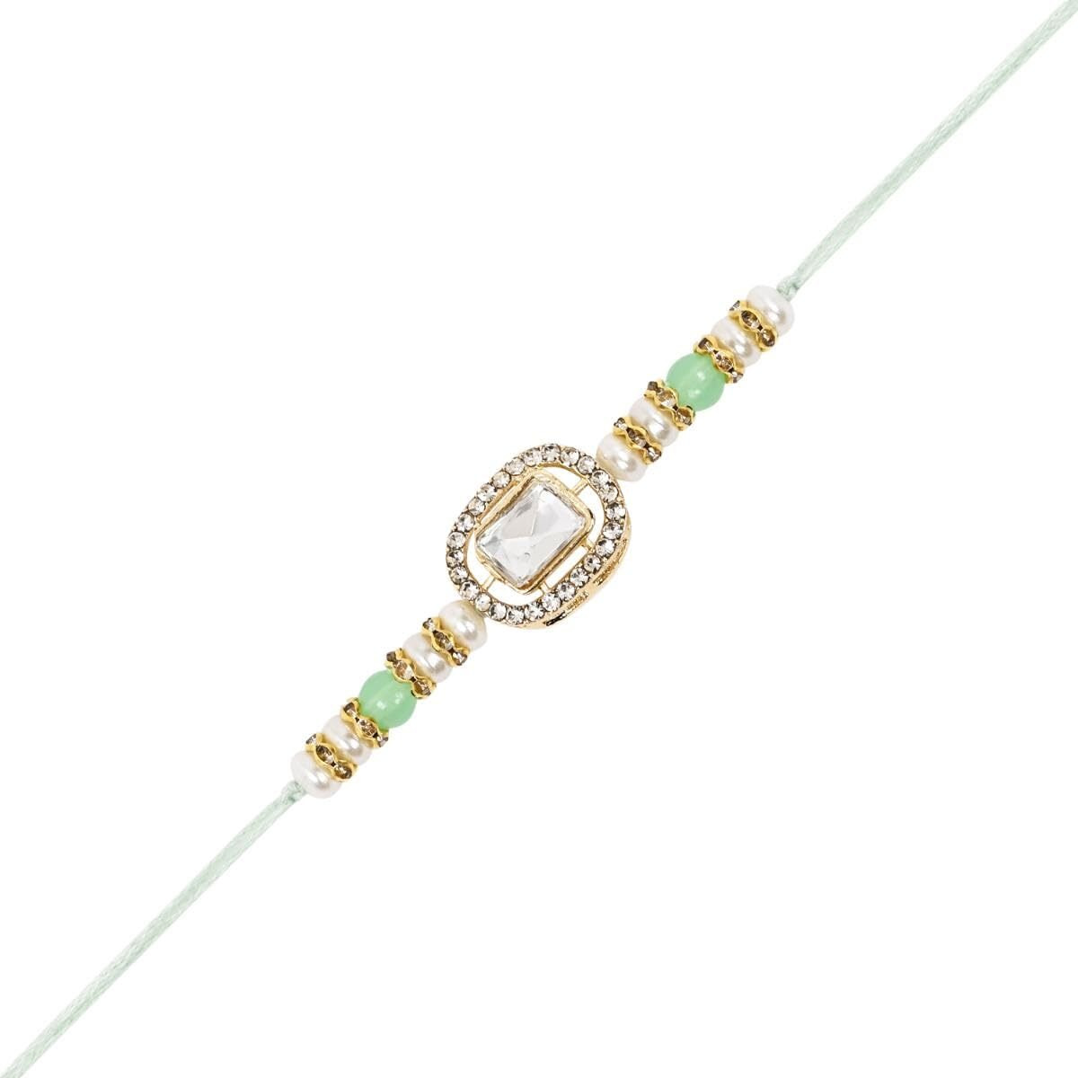 I Jewels Kundan & Pearl Combo Bhaiya Rakhi With Roli Chawal For Brother/Bro/Men With Rakshabandhan Greeting Card (R168Pu-Min-G-Wi)(Set Of 4)