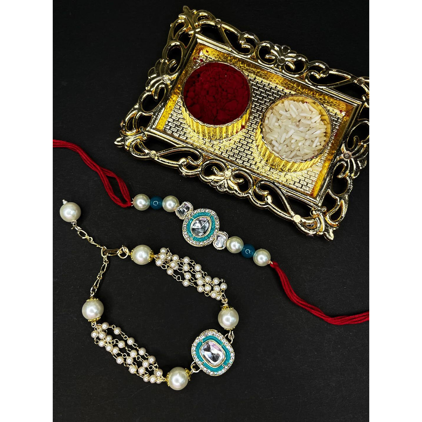 Mahi Unisex Adult Gold Plated Classic Kundan And Artificial Pearl Studded Ethnic Couple Rakhi Set For Bhaiya And Bhabhi (Rcol1105729G)