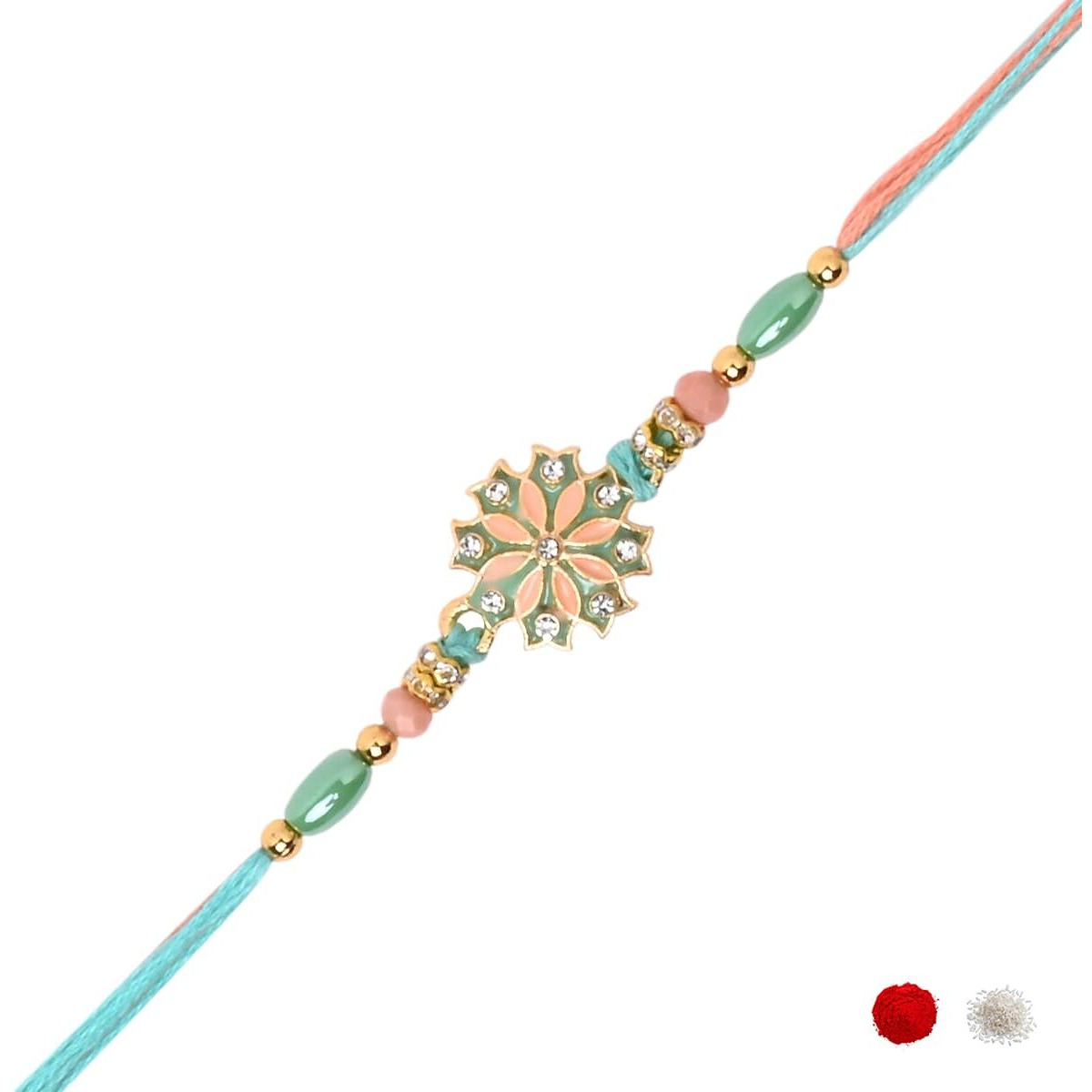 I Jewels Flower Design Rakhi With Roli Chawal & Rakshabandhan Card For Bro/Brother/Bhai (Mint)