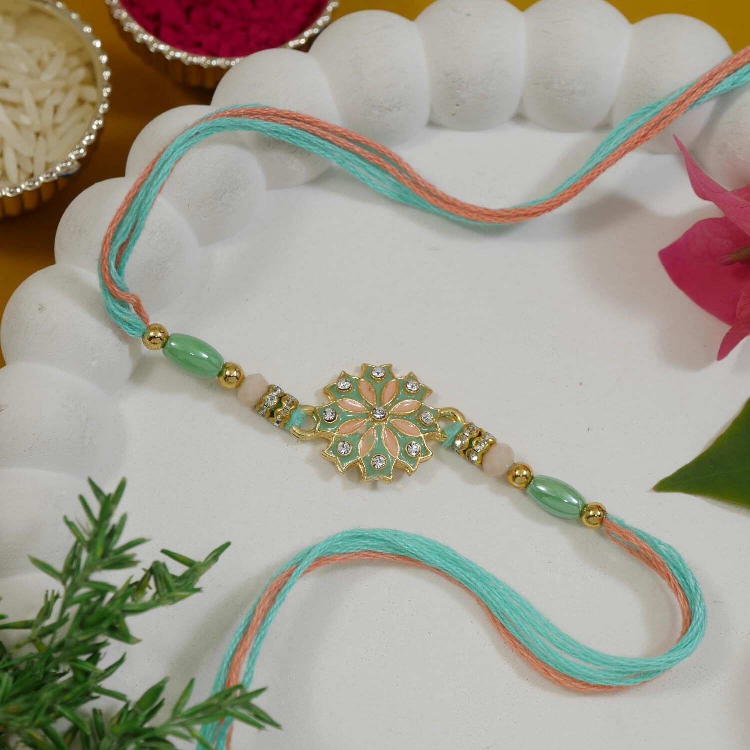 I Jewels Flower Design Rakhi With Roli Chawal & Rakshabandhan Card For Bro/Brother/Bhai (Mint)
