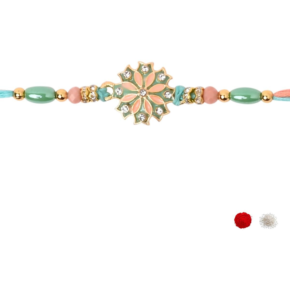 I Jewels Flower Design Rakhi With Roli Chawal & Rakshabandhan Card For Bro/Brother/Bhai (Mint)