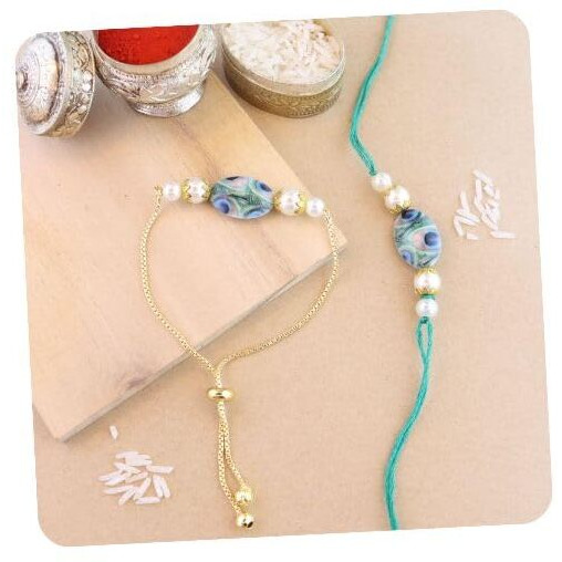 I Jewels Pearl Bhaiya Bhabhi Lumba Rakhi Bracelet Combo Set With Roli Chawal & Rakshabandhan Greeting Card For Unisex Adult (Style 3)