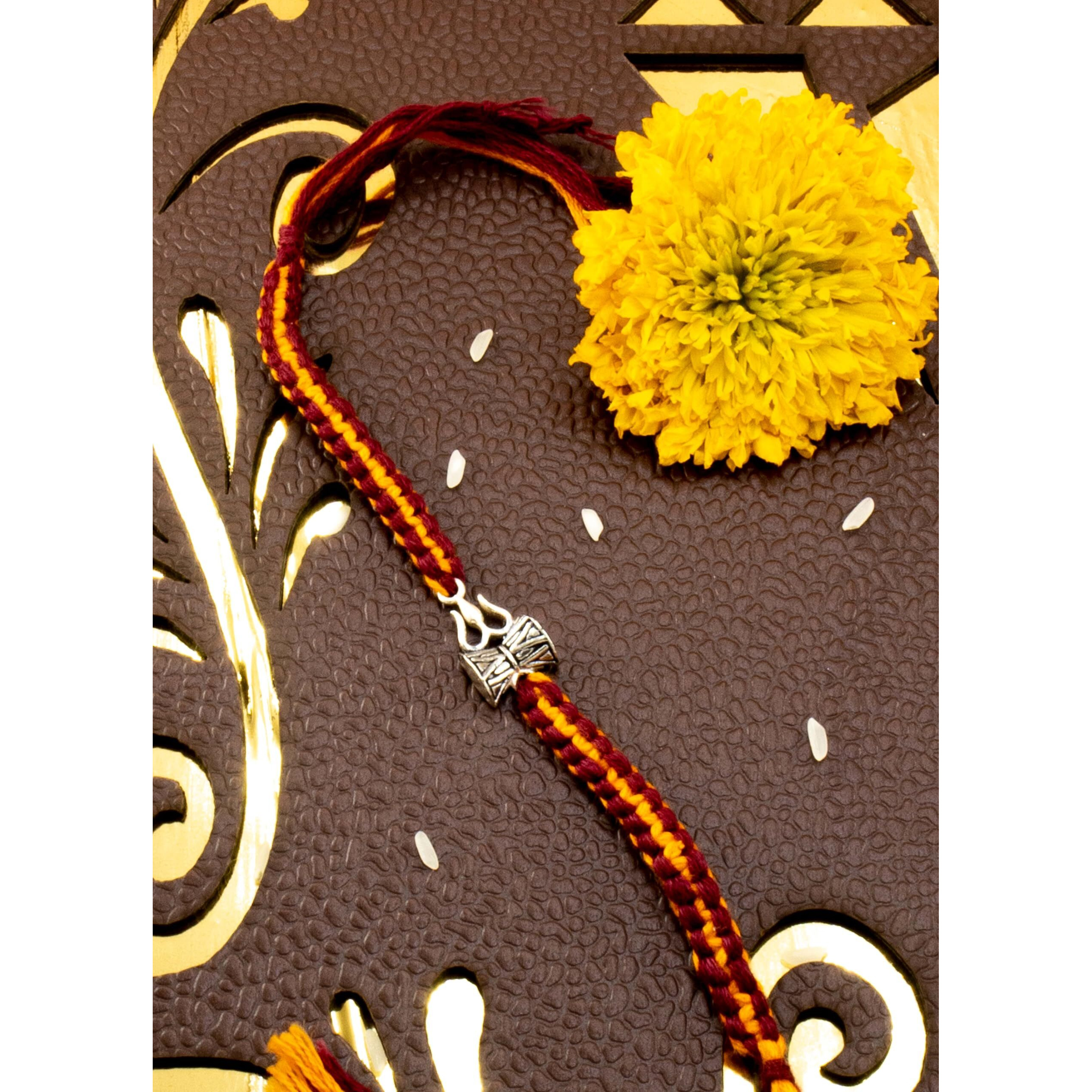 Njels 925 Pure Silver Rakhi For Men Original Silver Oxidised Trishul Damroo Rakhi For Brother Pure Cotton Fancy Rakhi For Brother (925 Hallmark Stamped)
