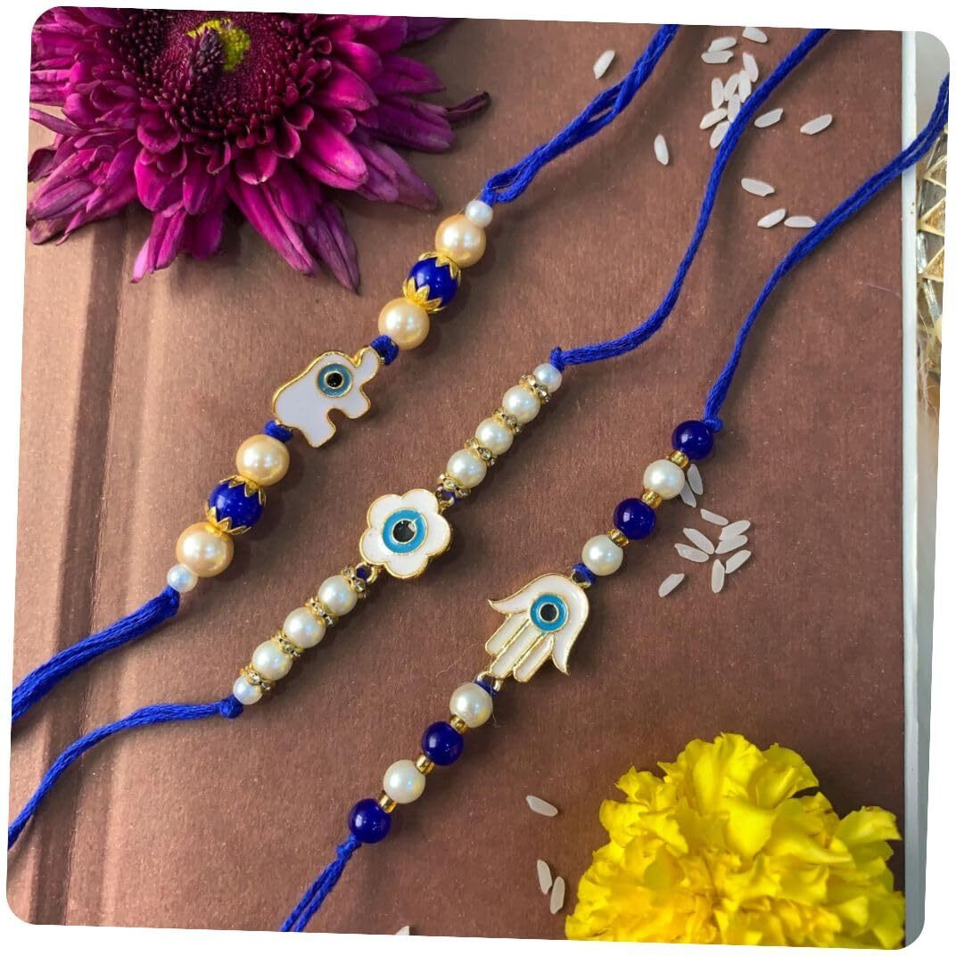 I Jewels Rakshabandhan Enamel Evil Eye Rakhi Combo Set With Roli Chawal For Bhaiya/Brother/Bro/Men/Boys/Kids (R125-126-127)