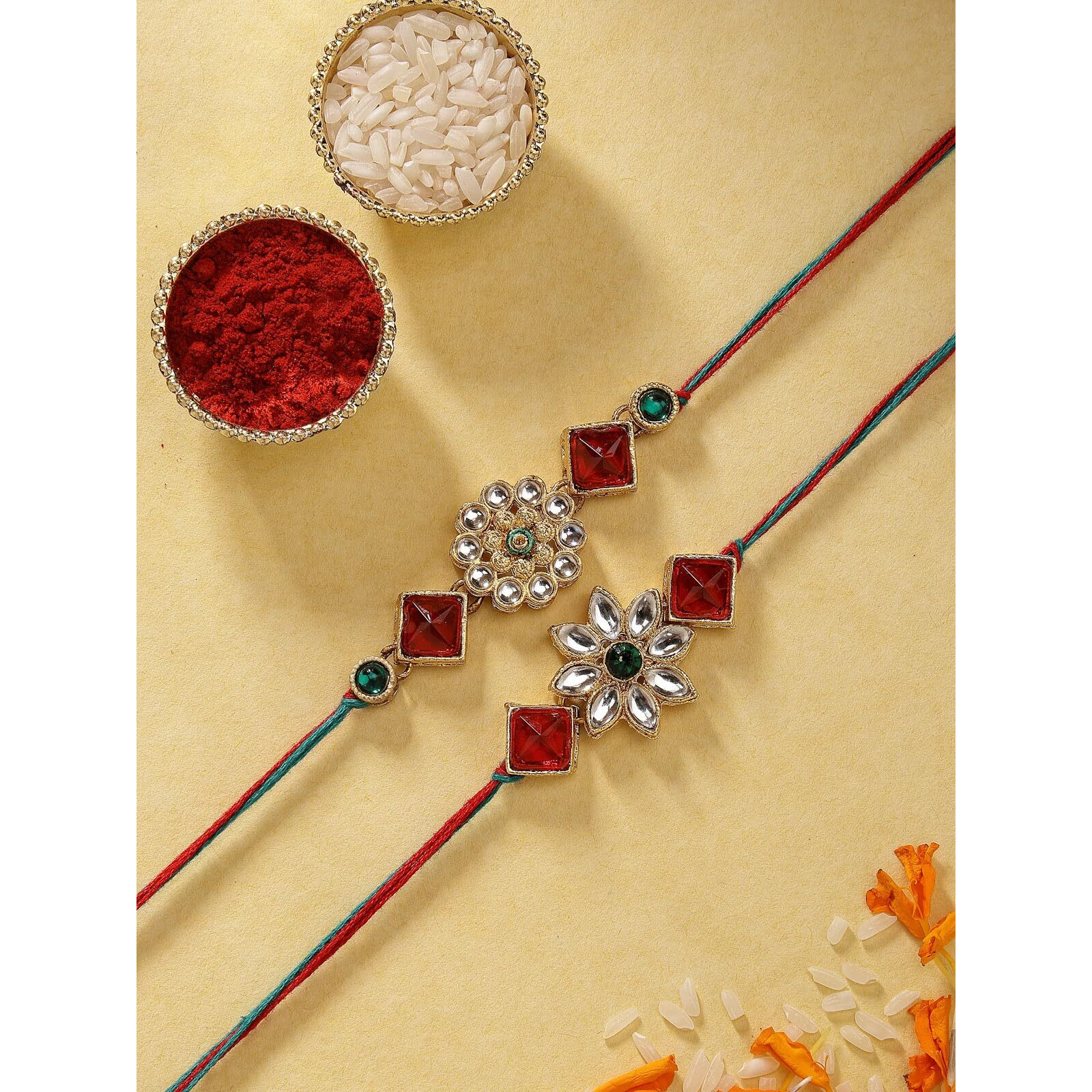 Sukkhi Rakhi Floral Kundan Designer Meenakari Red Green Gold Plated Premium Rakhi For Brother With Roli Chawal & Greeting Card|Rakhi For Brother/Bhaiya/Bhai/Men|Rakhi Combo-Set Of 2|Cbrak106951