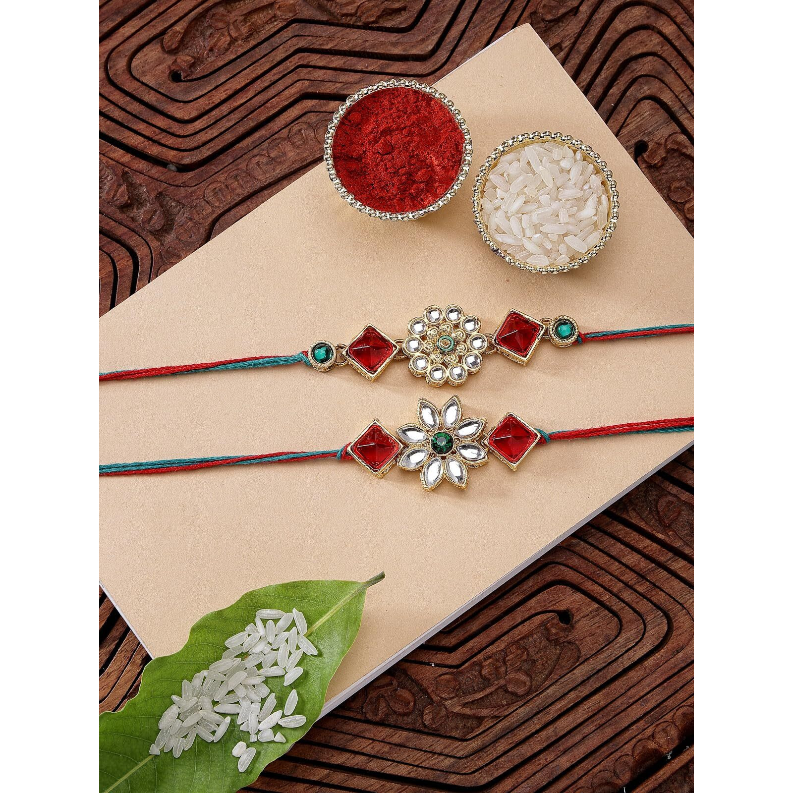 Sukkhi Rakhi Floral Kundan Designer Meenakari Red Green Gold Plated Premium Rakhi For Brother With Roli Chawal & Greeting Card|Rakhi For Brother/Bhaiya/Bhai/Men|Rakhi Combo-Set Of 2|Cbrak106951
