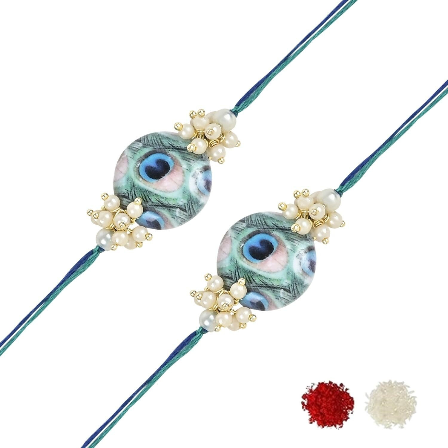 I Jewels Pearl & Peacock Feather Designer Bhaiya Rakhi With Roli Chawal For Brother/Bro/Men With Rakshabandhan Card